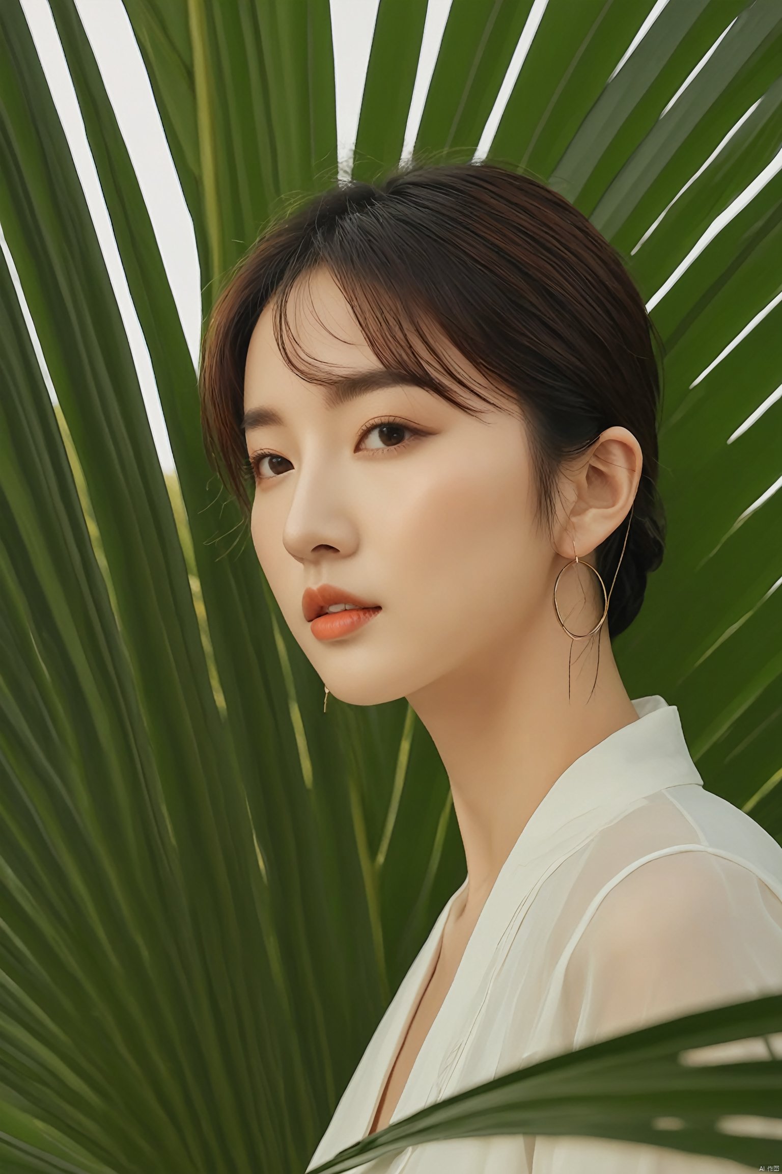  a woman standing in front of a palm leaf, a picture, inspired by Li Fangying, jinyoung shin aesthetic, editorial footage, avatar image, lovely delicate face, beauty retouch, very very very realistic,upper_body, 1girl