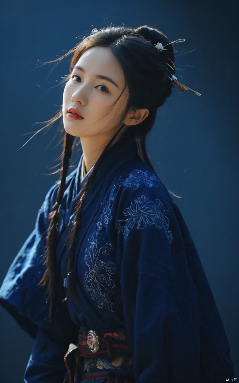  (abstract art:1.4), masterpiece, best quality, ultra high res, beautiful, visually stunning, (1girl:1.3), (dark blue theme:1.2), deep blue, cowboy shot,girl,wuxia,Chinese style,(Small chest:0.75),niji, sunlight, monkren