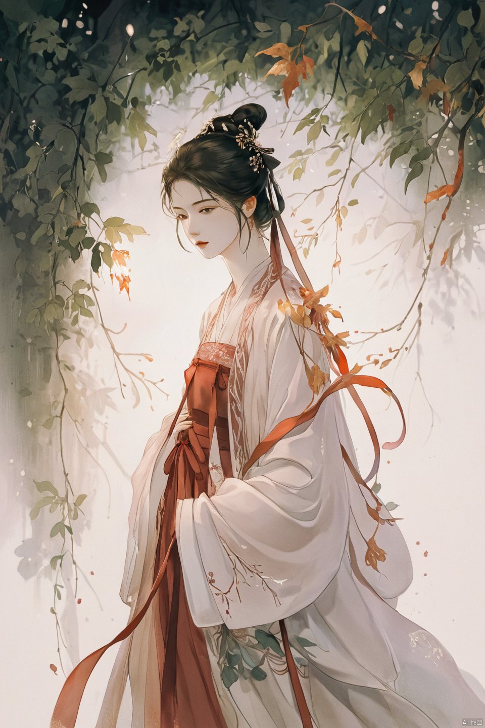  Fashion editorial style a asian girl with hanfu ruqun,Jin style, joint brand, ribbon, Withered leaves, old vines, plant illustration, splash ink,High fashion, trendy, stylish, editorial, magazine style, professional, highly detailed, cinematic lighting, Dramatic lighting, concept art,