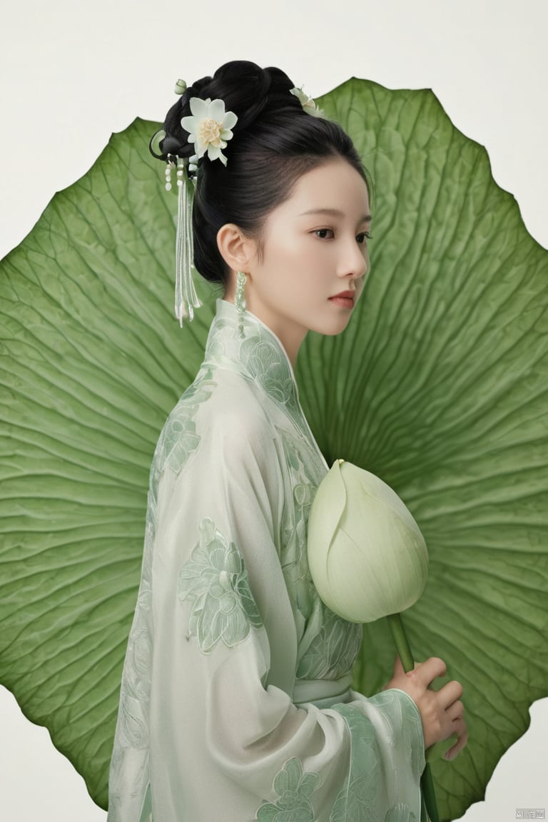  Ancient Chinese Beauty, wearing Hanfu, standing by one enormous lotus leave with intricate patterns, median transparent/translucent lotus leave, soft glow, in the style of Albert Watson, minimalism, light emerald and white, simple white background, surrealist, feminine sensibilities