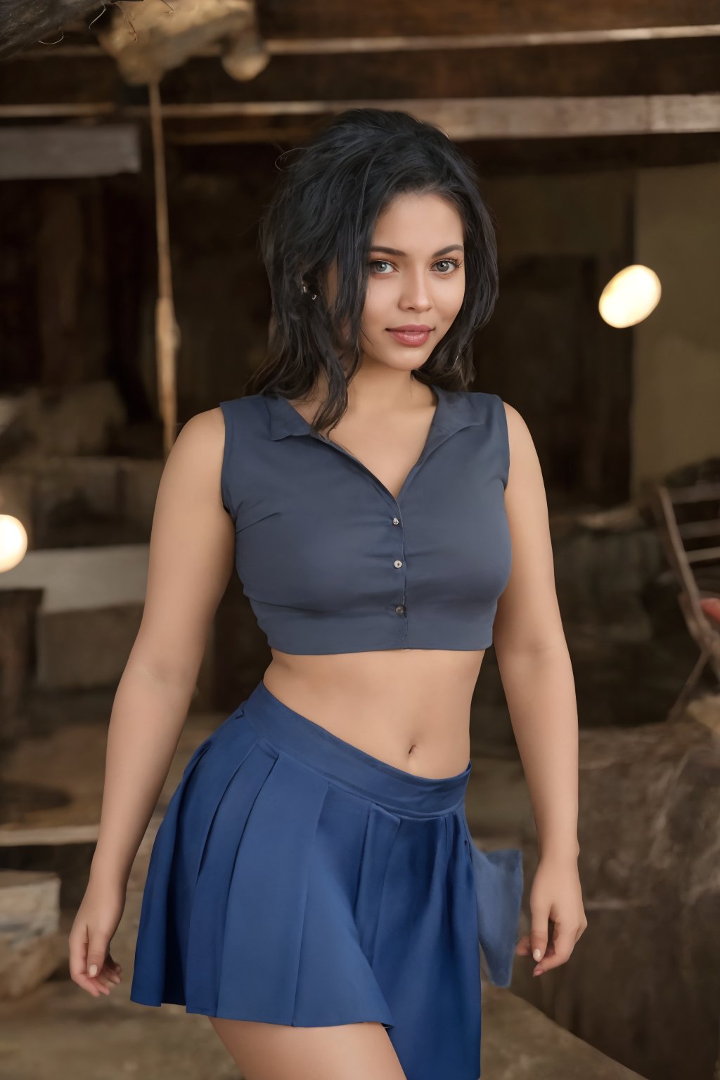 1girl, solo, long hair, breasts, looking at viewer, blue eyes, skirt, black hair, gloves, navel, jewelry, standing, earrings, midriff, indoors, fingerless gloves, lips, crop top, glowing, blue shirt, long skirt, plump, realistic, electricity, belly, lightning