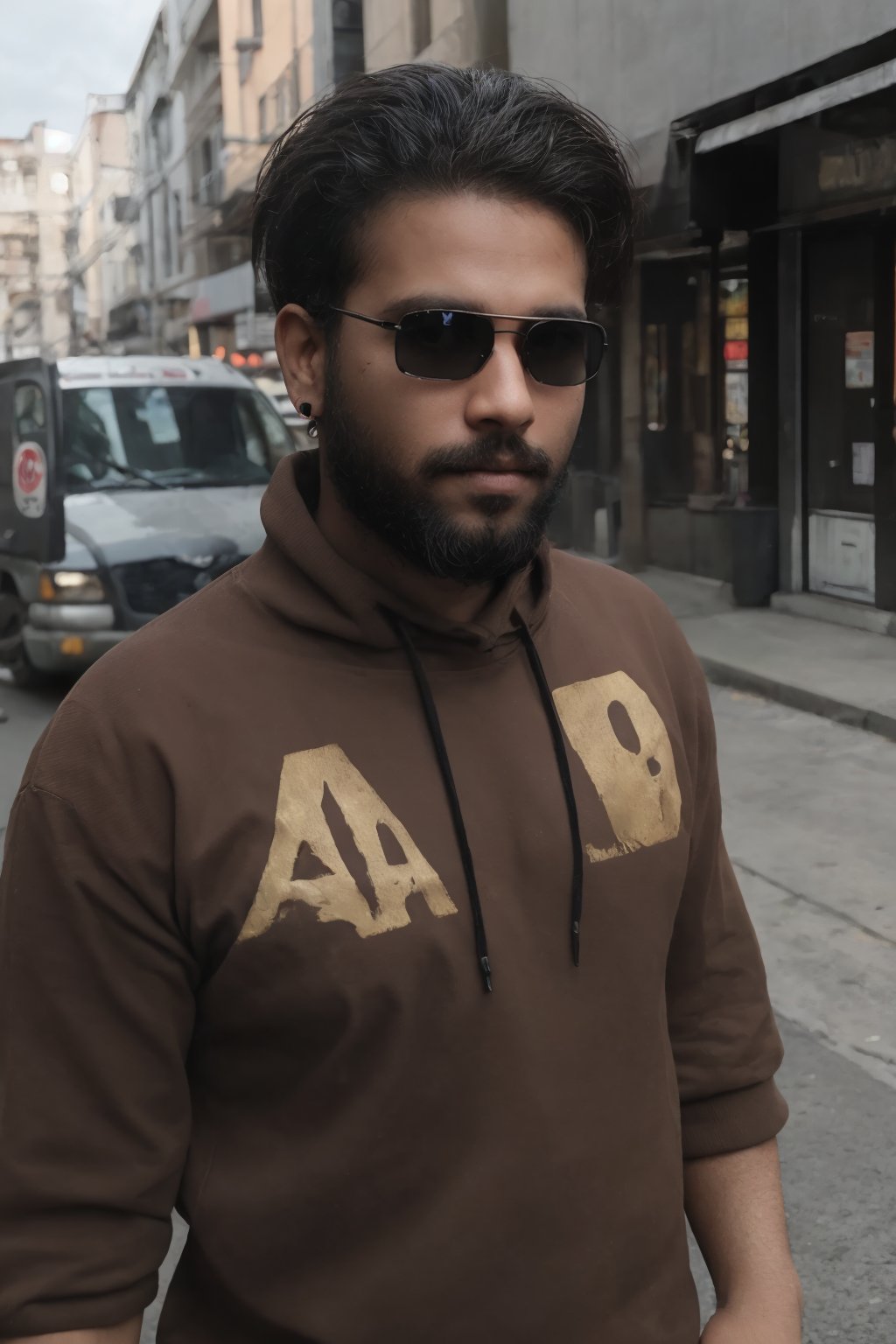 Beard man,  Cinematic color grading,  Shorton ((((face correction )))Sony a7iii,  perfect eyes,  ((black sunglass))(( brown skin)) Realistic photo of AM standing on a street Wearing a a sweter,  cyberpunk,<lora:EMS-255207-EMS:0.800000>,<lora:EMS-289602-EMS:0.400000>