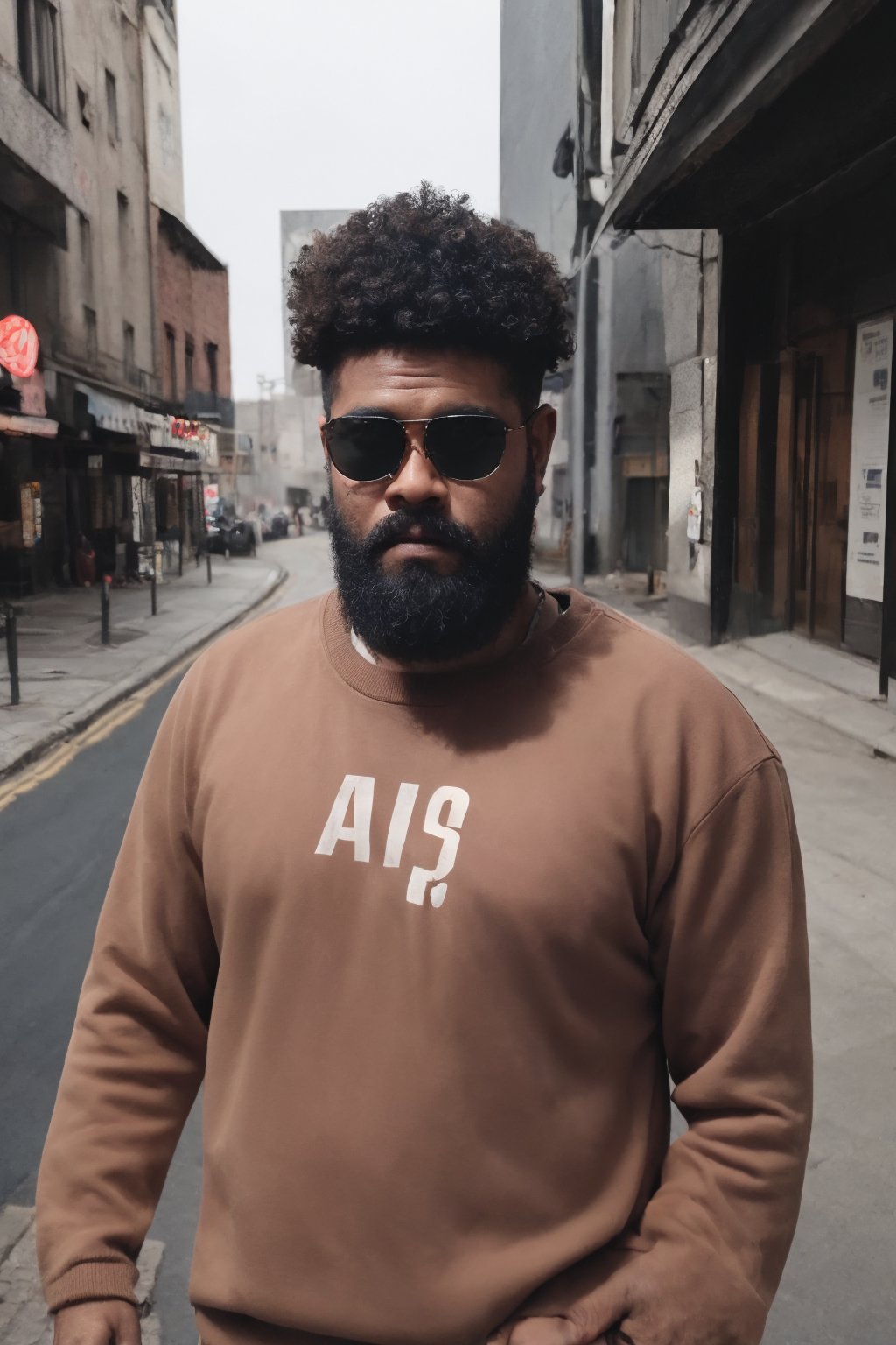 Beard man,  Cinematic color grading,  Shorton ((((face correction )))Sony a7iii,  perfect eyes,  ((black sunglass))(( brown skin)) Realistic photo of AM standing on a street Wearing a a sweter,  cyberpunk,,photorealistic