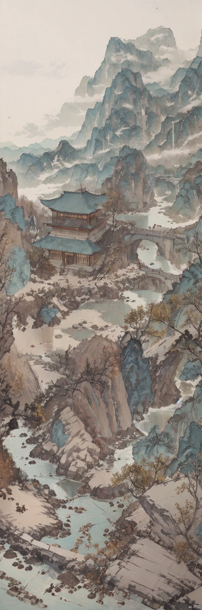  Shen Mengxi's painting "Qianli Jiangshan" depicts a landscape in the style of the Song Dynasty, using meticulous brushwork combined with a touch of freehand brushwork. Among the layered mountains and peaks, pine trees grow, and there is a light green lake with a mirror-like surface. A stone bridge with a pavilion connects two mountains. In the distance, there are continuous far-off mountains and a pale blue sky ((without any clouds)), The setting sun hangs in the sky, creating a captivating scene,claborate-style painting,pixel world,a photo of shanshui by jinliang,zydink,山水, LAOWANG