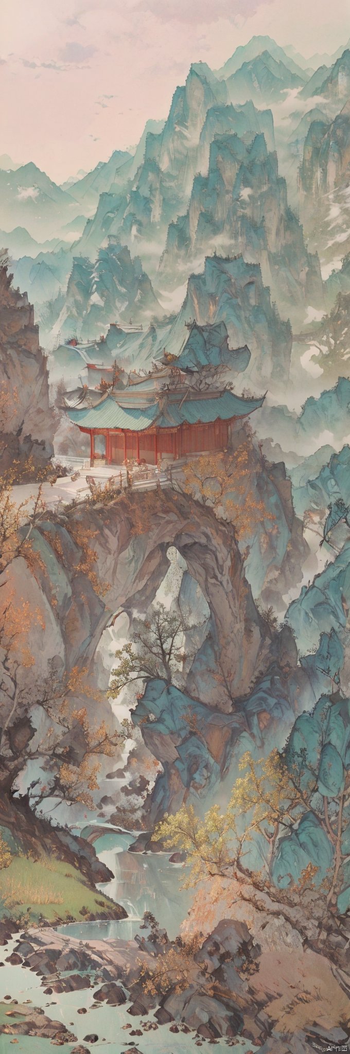  Shen Mengxi's painting "Qianli Jiangshan" depicts a landscape in the style of the Song Dynasty, using meticulous brushwork combined with a touch of freehand brushwork. Among the layered mountains and peaks, pine trees grow, and there is a light green lake with a mirror-like surface. A stone bridge with a pavilion connects two mountains. In the distance, there are continuous far-off mountains and a pale blue sky ((without any clouds)), The setting sun hangs in the sky, creating a captivating scene,claborate-style painting,pixel world,a photo of shanshui by jinliang,zydink,山水