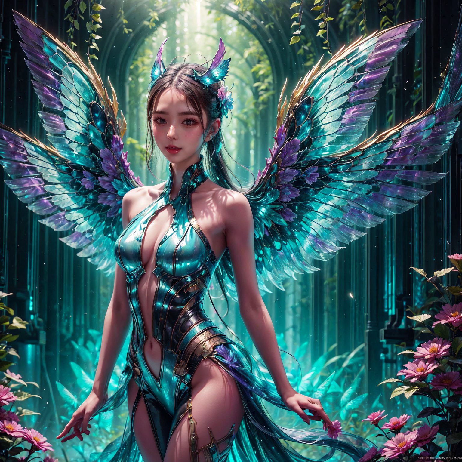 In a surreal digital artwork, a girl with radiant butterfly wings stands in a mystical forest. Her body emits a gentle, pulsating glow, casting an ethereal light that reveals hidden forest details. The wings, a masterpiece of nature's art, display a kaleidoscope of shimmering colors, from deep sea blues to fiery sunset oranges. She seems to dance on the air, her movements graceful and fluid, surrounded by a halo of softly glowing particles. This captivating scene, with its rich palette and dreamy atmosphere, is a testament to the digital artist's skill, blending fantasy and realism in a breathtaking visual narrative.