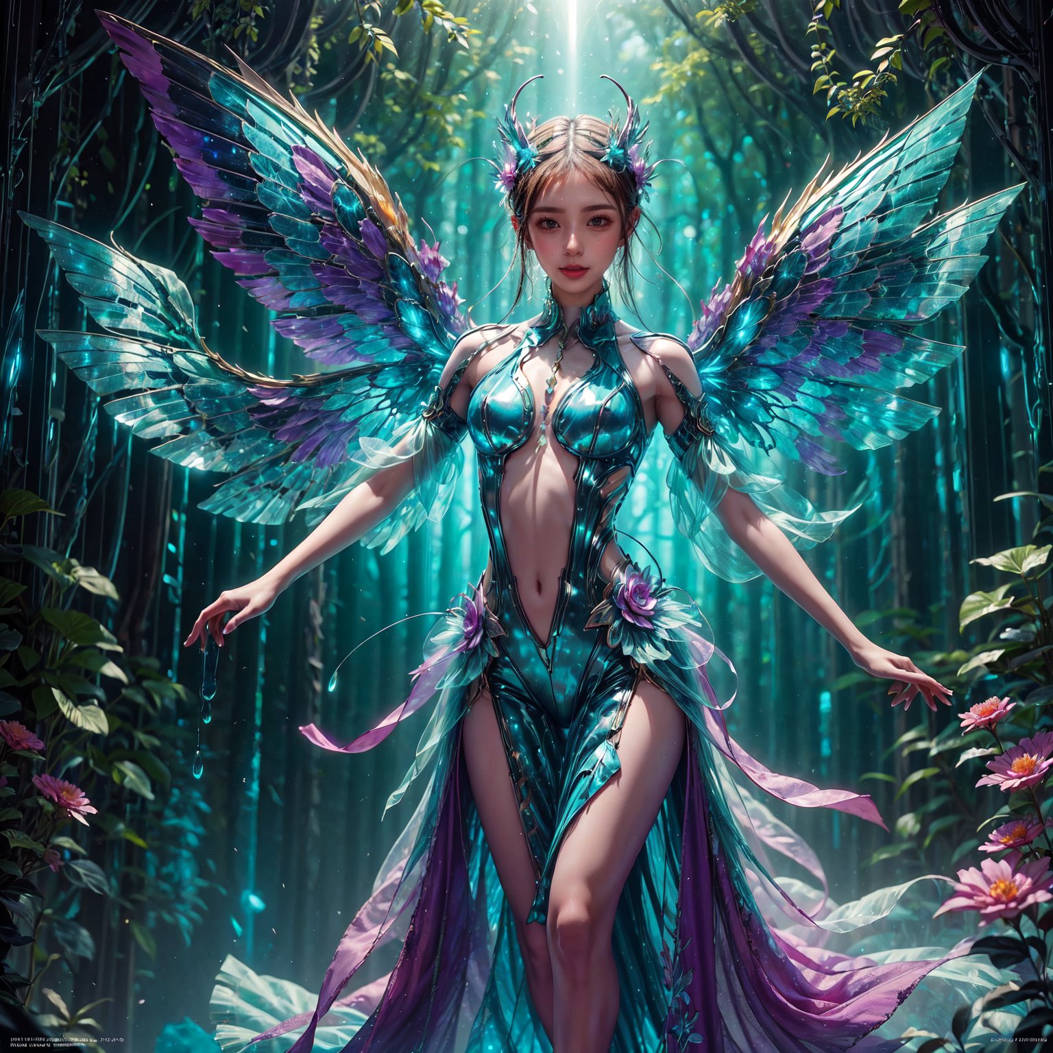 In a surreal digital artwork, a girl with radiant butterfly wings stands in a mystical forest. Her body emits a gentle, pulsating glow, casting an ethereal light that reveals hidden forest details. The wings, a masterpiece of nature's art, display a kaleidoscope of shimmering colors, from deep sea blues to fiery sunset oranges. She seems to dance on the air, her movements graceful and fluid, surrounded by a halo of softly glowing particles. This captivating scene, with its rich palette and dreamy atmosphere, is a testament to the digital artist's skill, blending fantasy and realism in a breathtaking visual narrative.