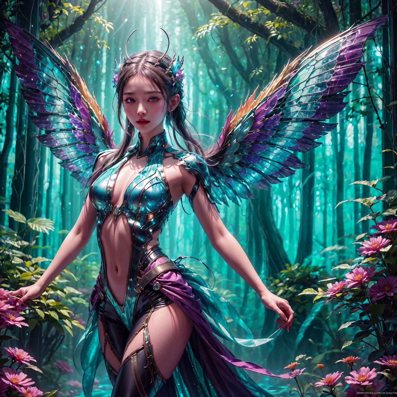 In a surreal digital artwork, a girl with radiant butterfly wings stands in a mystical forest. Her body emits a gentle, pulsating glow, casting an ethereal light that reveals hidden forest details. The wings, a masterpiece of nature's art, display a kaleidoscope of shimmering colors, from deep sea blues to fiery sunset oranges. She seems to dance on the air, her movements graceful and fluid, surrounded by a halo of softly glowing particles. This captivating scene, with its rich palette and dreamy atmosphere, is a testament to the digital artist's skill, blending fantasy and realism in a breathtaking visual narrative.