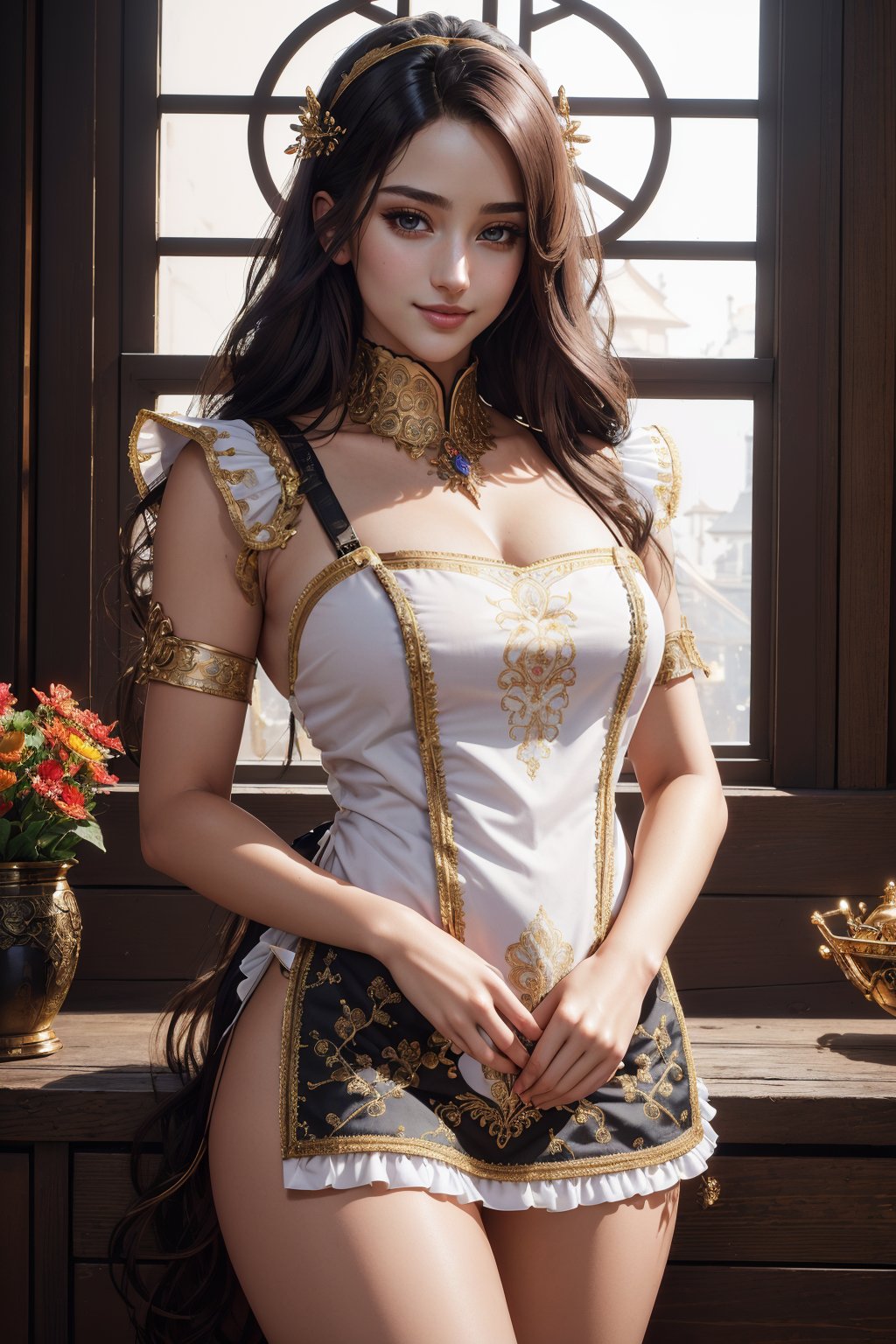 ((masterpiece,best quality,edgQuality)),(smile),standing,posing,1girl,solo,edgLnF, golden embroidery, pauldrons,wearing edgLnF,edgApron, a woman in a maid apron holding a hair brush ,wearing edgApron <lora:edgLnFApronsv1:1>