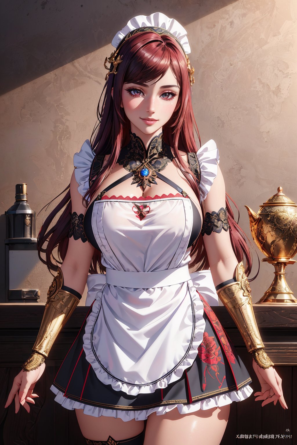((masterpiece,best quality,edgQuality)),(smile),standing,posing,1girl,solo,edgLnF, golden embroidery, pauldrons,wearing edgLnF,edgApron, a woman in a maid apron,wearing edgApron <lora:edgLnFApronsv1:1>