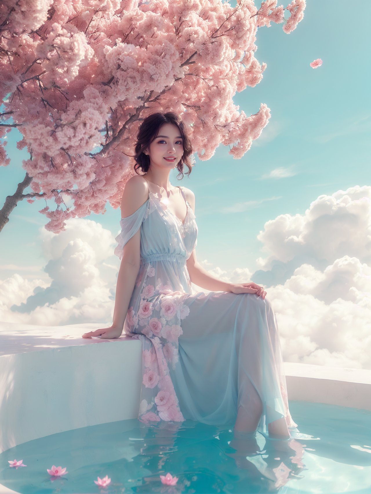 (artistic portrait:1.3),(elegant girl:1.3),(clear:1.1),(light blue dress:1.2),(fashion clothing design:1.1),beautiful and delicate eyes,(happy smile:1.1),look to the lens,<lora:cloud borne pool_20240123134205-000010:0.72>,cloud borne pool,(full body photo:1.16),(white clouds:1.2),(pink tree:1.2),(quiet natural water:1.1),white quartzite textured ground,the quiet warm sunshine,<lora:duobaba色彩爆弹:0.4>,(pink atmosphere:1.1),<lora:泛光:0.4>,, 8k,Moody,atmospheric,painterly,fine details,cinematic composition,Warm lighting,gentle,nostalgic,flower,roses,tranquil,evocative,hazy atmosphere,a sense of solitude,dreamlike atmosphere,high level of detail,evocative color palette,8K resolution,<lora:33333333333danse:0.6>,lotus,