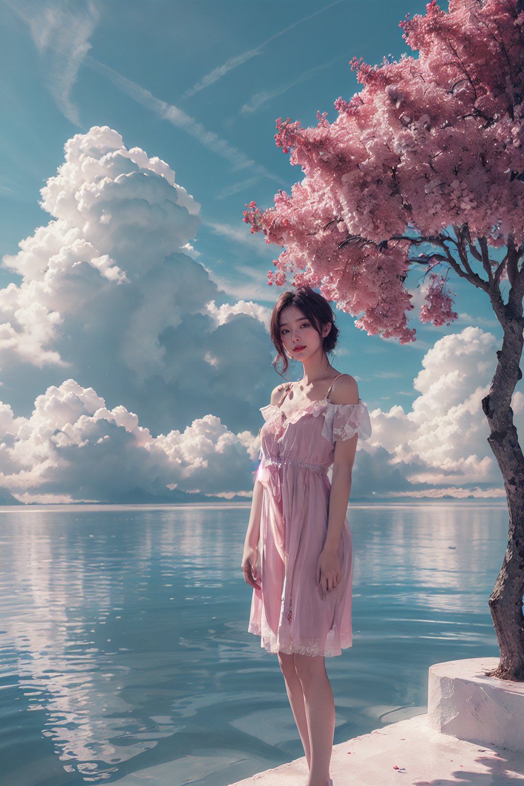 beautiful and elegant girl,(wearing pink dress:1.1),happy smile,(standing on the shore:1.2),<lora:cloud borne pool天空之境_v1.0:0.8>,pink tree,surreal water,delicate white clouds,the blue sky,delicate flowers,, 8k,Moody,atmospheric,painterly,fine details,cinematic composition,Warm lighting,gentle,nostalgic,flower,roses,tranquil,evocative,hazy atmosphere,a sense of solitude,dreamlike atmosphere,high level of detail,evocative color palette,8K resolution,<lora:33333333333danse:0.6>,lotus,