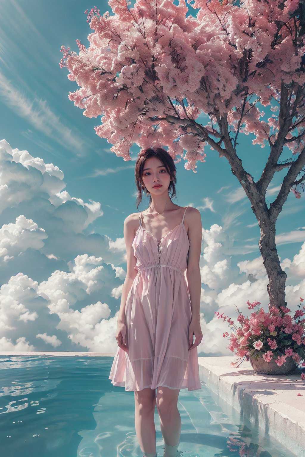 beautiful and elegant girl,(wearing pink dress:1.1),happy smile,(standing on the shore:1.2),<lora:cloud borne pool天空之境_v1.0:0.8>,cloud borne pool,pink tree,surreal water,delicate white clouds,the blue sky,delicate flowers,, 8k,Moody,atmospheric,painterly,fine details,cinematic composition,Warm lighting,gentle,nostalgic,flower,roses,tranquil,evocative,hazy atmosphere,a sense of solitude,dreamlike atmosphere,high level of detail,evocative color palette,8K resolution,<lora:33333333333danse:0.6>,lotus,