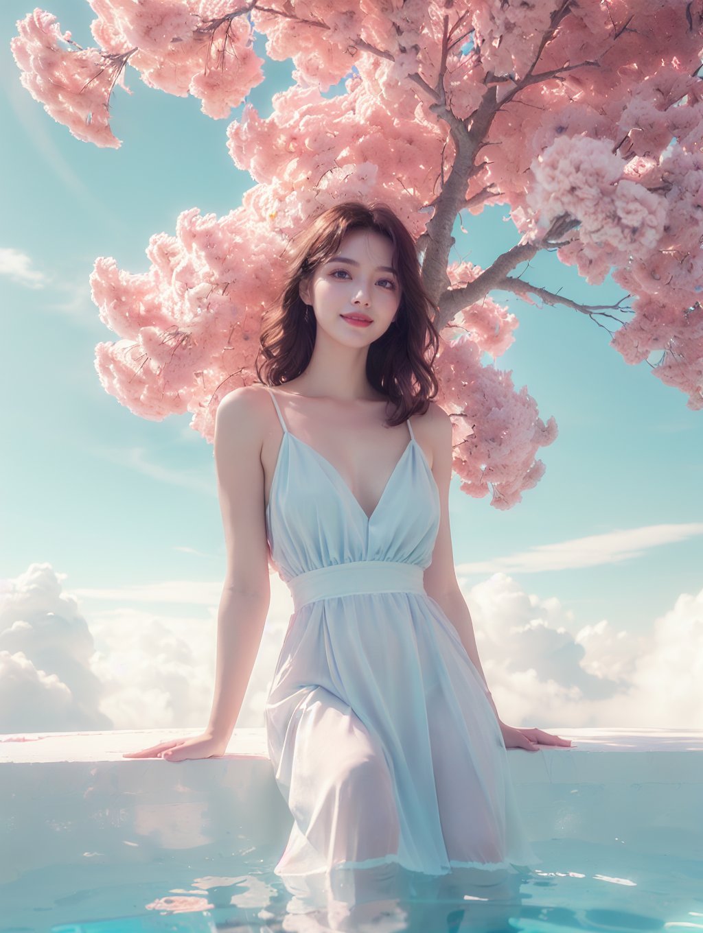 (artistic portrait:1.3),(elegant girl:1.3),(light blue dress:1.2),(fashion clothing design:1.1),beautiful and delicate eyes,(happy smile:1.1),look to the lens,<lora:cloud borne pool_20240123134205-000010:0.72>,cloud borne pool,(half-body photo:1.1),(white clouds:1.2),(pink tree:1.2),(quiet natural water:1.1),white quartzite textured ground,the quiet warm sunshine,<lora:duobaba色彩爆弹:0.4>,(pink atmosphere:1.1),<lora:泛光:0.4>,, 8k,Moody,atmospheric,painterly,fine details,cinematic composition,Warm lighting,gentle,nostalgic,flower,roses,tranquil,evocative,hazy atmosphere,a sense of solitude,dreamlike atmosphere,high level of detail,evocative color palette,8K resolution,<lora:33333333333danse:0.6>,lotus,