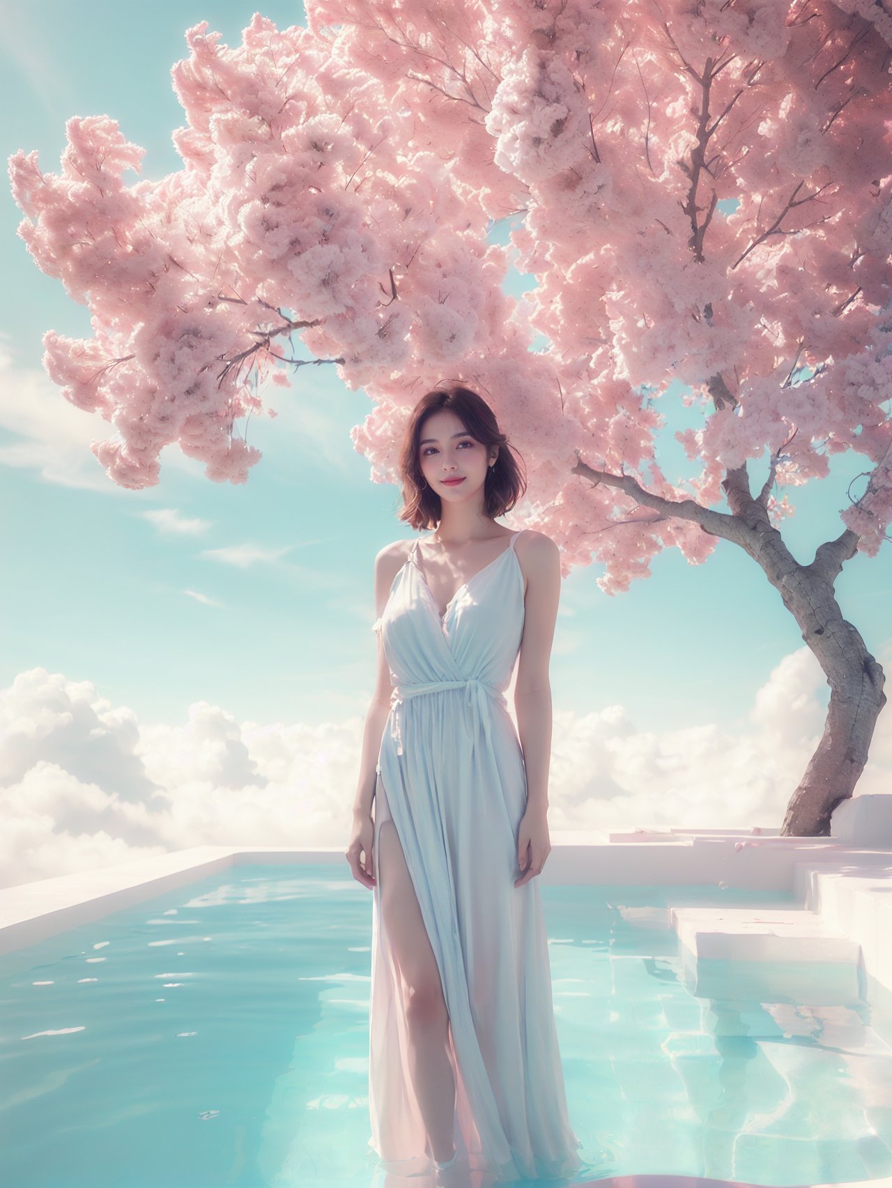 (artistic portrait:1.3),(elegant girl:1.3),(light blue dress:1.2),(fashion clothing design:1.1),beautiful and delicate eyes,(happy smile:1.1),look to the lens,<lora:cloud borne pool_20240123134205-000010:0.72>,cloud borne pool,(full body photo:1.16),(white clouds:1.2),(pink tree:1.2),(quiet natural water:1.1),white quartzite textured ground,the quiet warm sunshine,<lora:duobaba色彩爆弹:0.4>,(pink atmosphere:1.1),<lora:泛光:0.4>,, 8k,Moody,atmospheric,painterly,fine details,cinematic composition,Warm lighting,gentle,nostalgic,flower,roses,tranquil,evocative,hazy atmosphere,a sense of solitude,dreamlike atmosphere,high level of detail,evocative color palette,8K resolution,<lora:33333333333danse:0.6>,lotus,