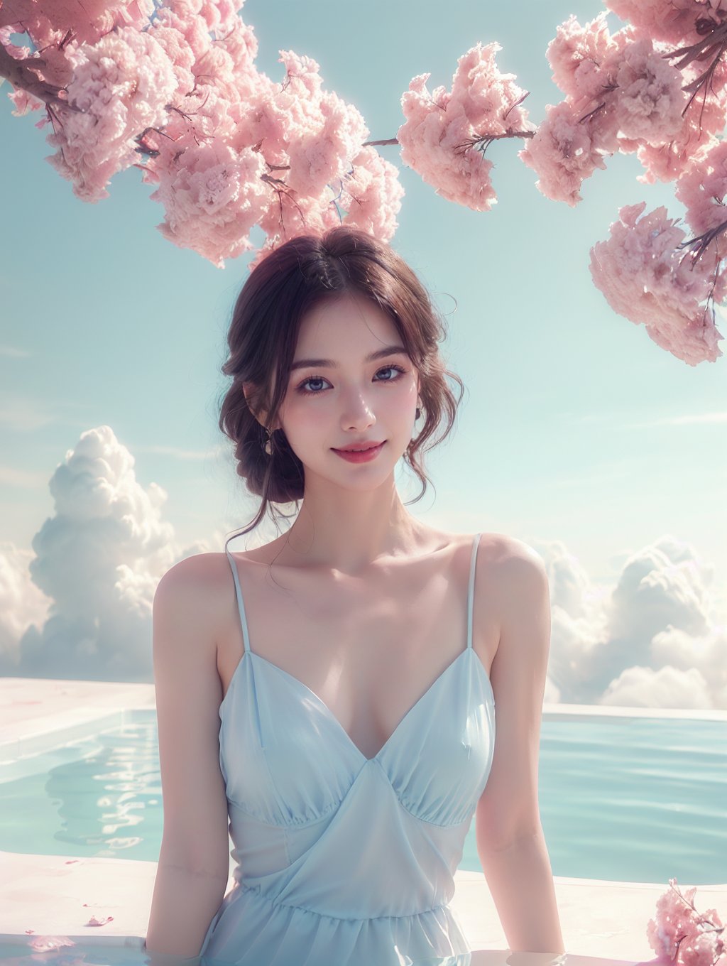 (artistic portrait:1.3),(elegant girl:1.3),(light blue dress:1.2),(fashion clothing design:1.1),beautiful and delicate eyes,(happy smile:1.1),look to the lens,<lora:cloud borne pool_20240123134205-000010:0.72>,cloud borne pool,(half-body photo:1.1),(white clouds:1.2),(pink tree:1.2),(quiet natural water:1.1),white quartzite textured ground,the quiet warm sunshine,<lora:duobaba色彩爆弹:0.4>,(pink atmosphere:1.1),<lora:泛光:0.4>,, 8k,Moody,atmospheric,painterly,fine details,cinematic composition,Warm lighting,gentle,nostalgic,flower,roses,tranquil,evocative,hazy atmosphere,a sense of solitude,dreamlike atmosphere,high level of detail,evocative color palette,8K resolution,<lora:33333333333danse:0.6>,lotus,