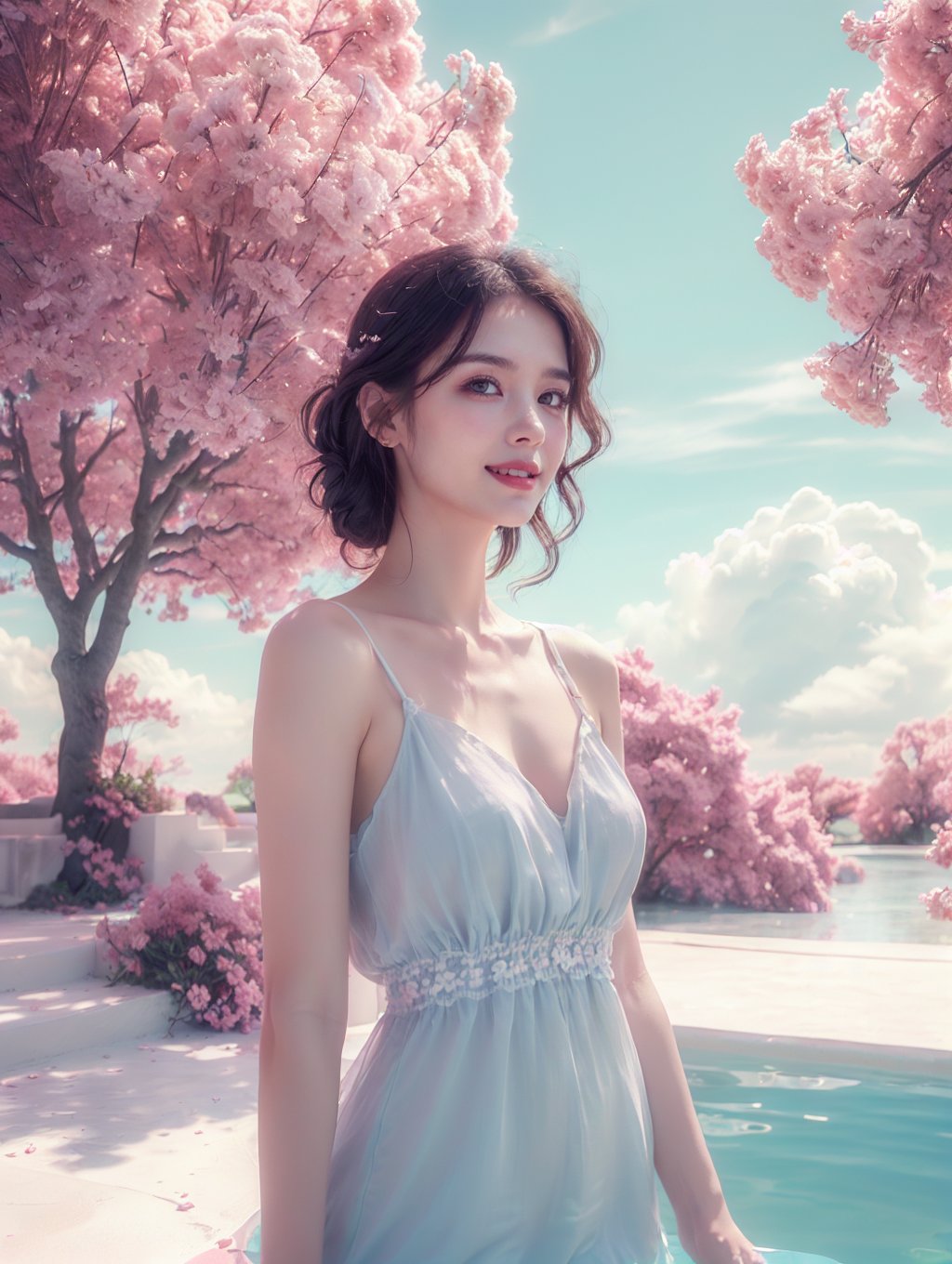 (artistic portrait:1.3),(elegant girl:1.3),(light blue dress:1.2),(fashion clothing design:1.1),beautiful and delicate eyes,(happy smile:1.1),look to the lens,<lora:cloud borne pool_20240123134205-000010:0.72>,cloud borne pool,(half-body photo:1.1),(white clouds:1.2),(pink tree:1.2),(quiet natural water:1.1),white quartzite textured ground,the quiet warm sunshine,<lora:duobaba色彩爆弹:0.4>,(pink atmosphere:1.1),<lora:泛光:0.4>,, 8k,Moody,atmospheric,painterly,fine details,cinematic composition,Warm lighting,gentle,nostalgic,flower,roses,tranquil,evocative,hazy atmosphere,a sense of solitude,dreamlike atmosphere,high level of detail,evocative color palette,8K resolution,<lora:33333333333danse:0.6>,lotus,