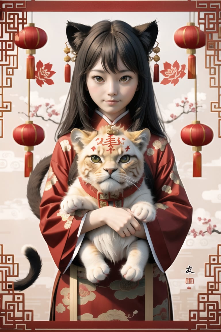 cat girl , chinese new year background , holding a lion 