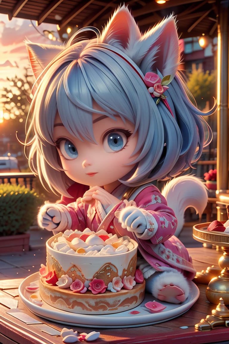 little cute cat-girl dress in cat cloths , with furry cat ears and long white furry  hair  and tails ,her gloves was  paws and holding a cake 
details , pink, 
Backlight , sunset,IncrsNikkeProfile