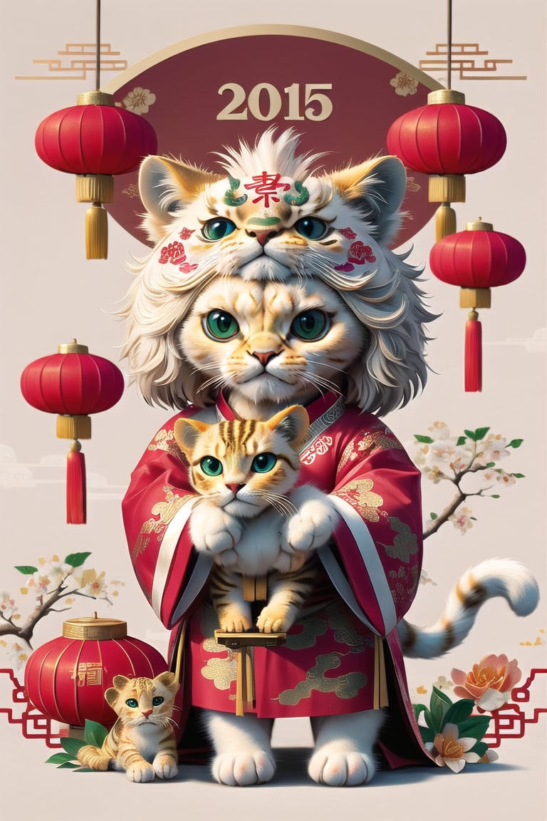 white smiling baby cat  , detail chinese new year background , holding a lion , 