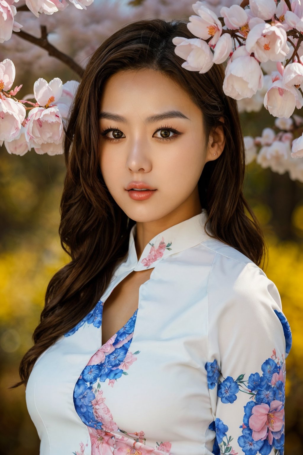 (masterpiece, top quality, best quality, official art, beautiful and aesthetic:1.2), hdr, high contrast, wideshot, 1girl, beautiful korean woman, looking at viewer, relaxing expression, clearly brown eyes, soft make up, ombre lips, small breast, petite body, finger detailed, BREAK wearing half naked floral cheongsam, holding flower, (smeling flower), (spring season theme:1.5), windy, spring forest background detailed, BREAK frosty, ambient lighting, extreme detailed, cinematic shot, realistic ilustration, (soothing tones:1.3), (hyperdetailed:1.2)