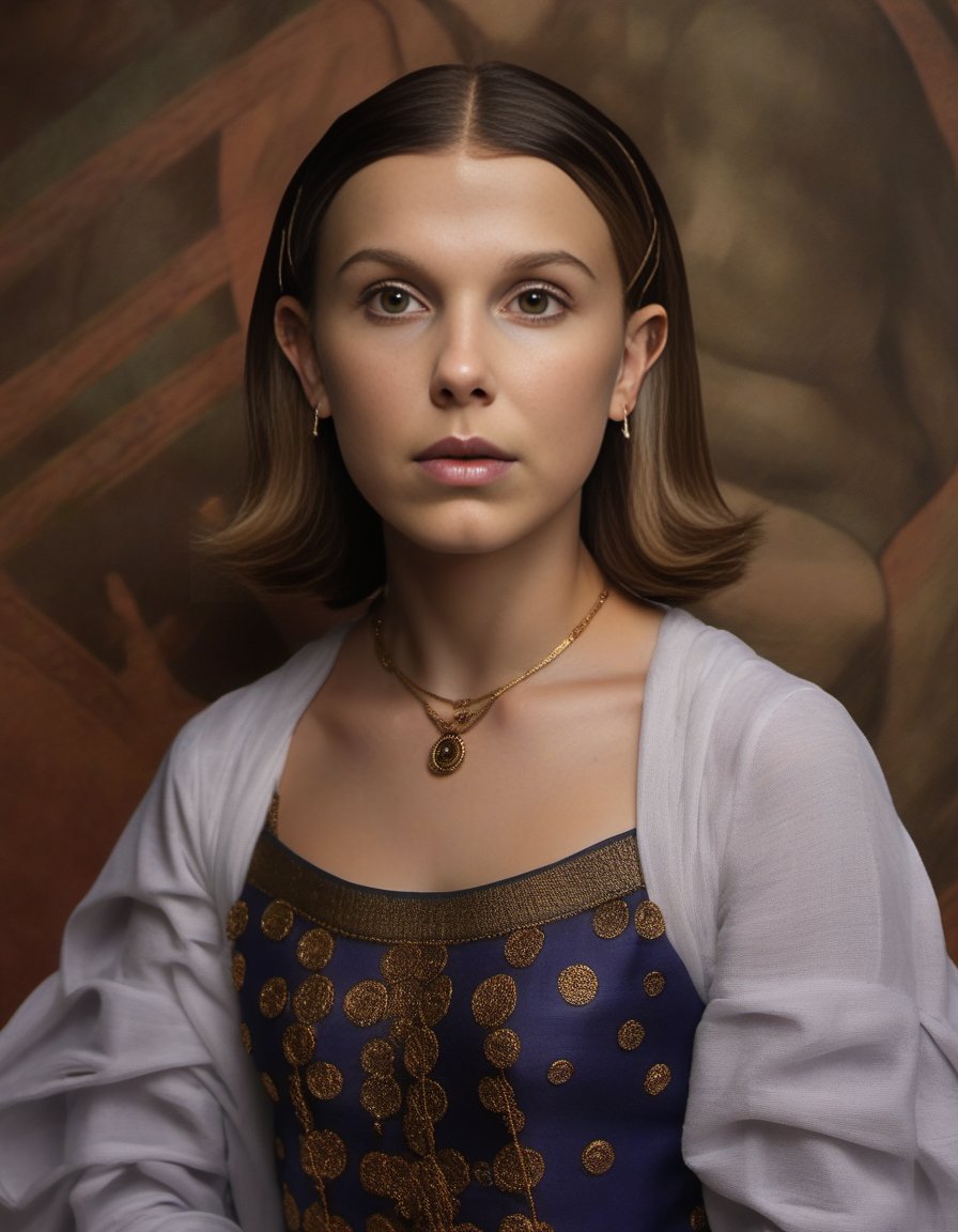 MillieBobbyBrown,<lora:MillieBobbyBrownSDXL:1>, portrait, masterpiece,close up of a Mughal humanoid, Absurd, Feminine Pose, Dark Academia, Circular polarizer