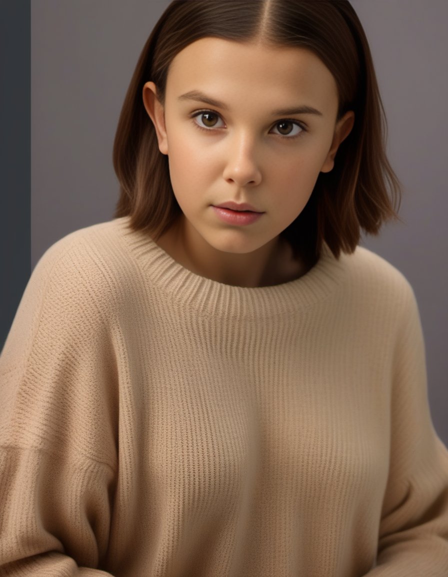 MillieBobbyBrown,<lora:MillieBobbyBrownSDXL:1>,masterpiece,beautiful,extremely detailed,(ultra high res),(8k UHD best quality), (realistic, photo-realistic:1.37), depth_of,field, blurry_background, photo_inset,Dramatic lighting,reference_inset,photo_background,brown_eyes,photorealistic,looking_at_viewer,1girl,shiny skin,detailed skin,(((sweater)))