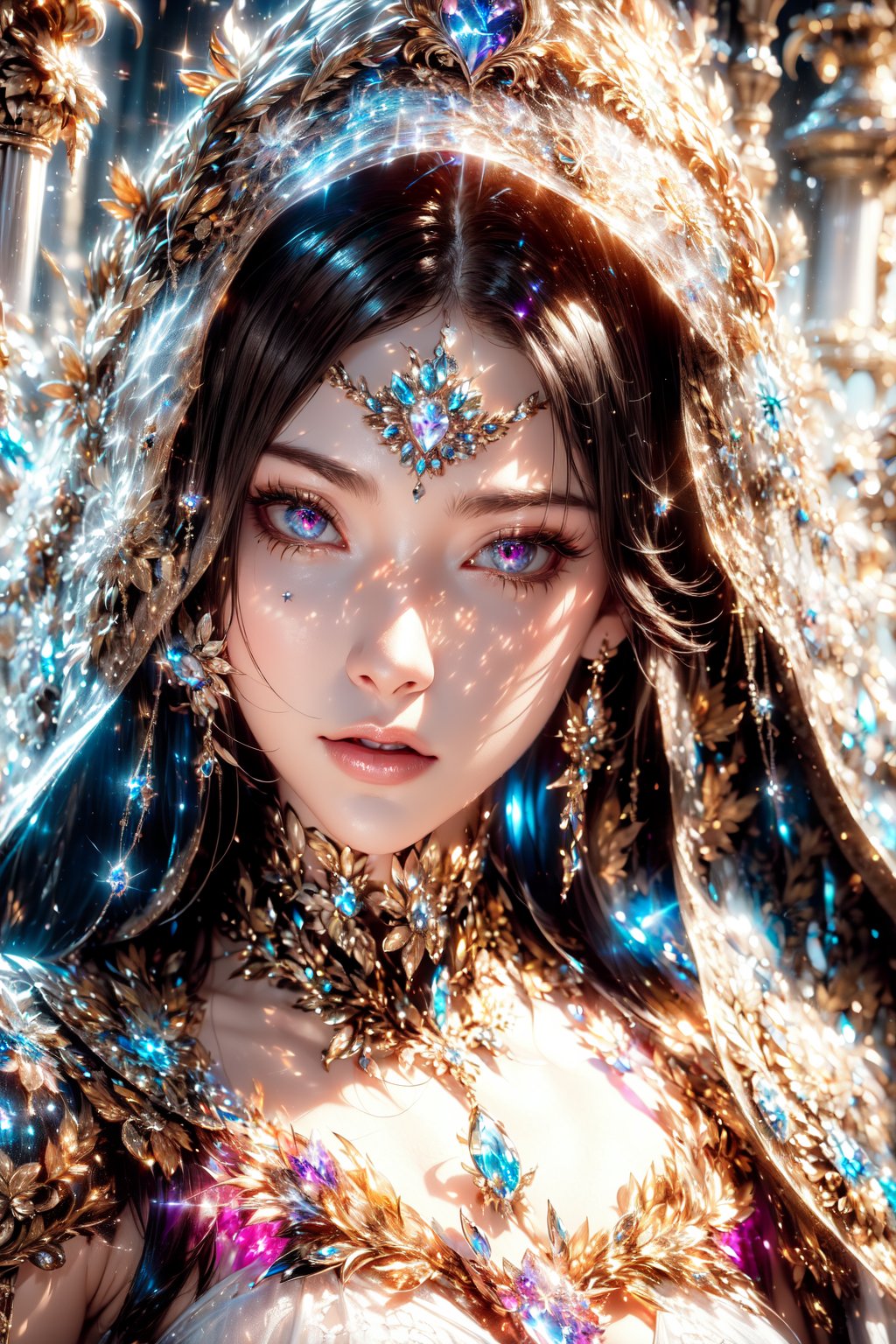 (bride,Tsukuyomi, Goddess), pink pupil right eye,purple left eye, crystal morning star hood, sacred radiance forehead ornament,pink heart facial tattoo  ,black and white entanglement,crystal and silver entanglement,High Detail,masterpiece,best quality,more detail,Hyper Quality,detailed,more detail,Texture-rich,Delicate texture