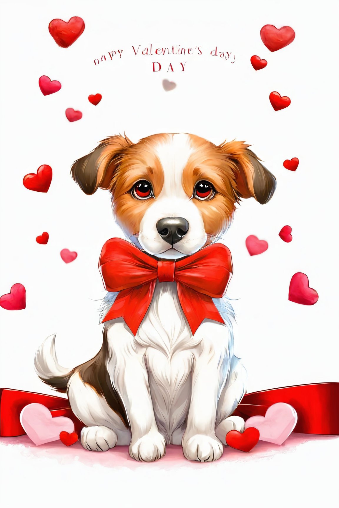 AiArtV,Valentines Day, solo,looking at viewer,smile,simple background,white background,bow,holding,sitting,full body,heart,red bow,collar,no humans,animal,dog,animal focus,red collar