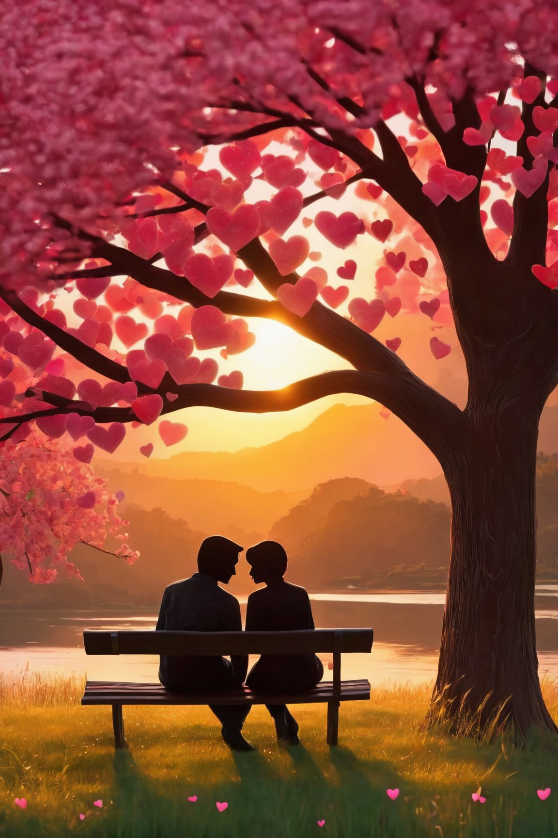 (best quality,8K,highres,masterpiece), ultra-detailed, AiArtV Valentine's Day setting capturing a tender moment between a couple (1 girl, 1 boy) sitting together. The scene unfolds on a serene grassy knoll under a sprawling tree, its branches forming a natural canopy above. A wooden swing hangs from one of the branches, adding a whimsical touch. Between them, a heart shape is subtly implied in the arrangement of flowers on the ground, symbolizing their love. The figures are presented as silhouettes, enhancing the timeless and universal nature of the scene. The setting sun casts a soft, golden light, creating an atmosphere of warmth and romance. This artwork is a celebration of love, companionship, and the simple joy of being together in a beautiful, natural setting.