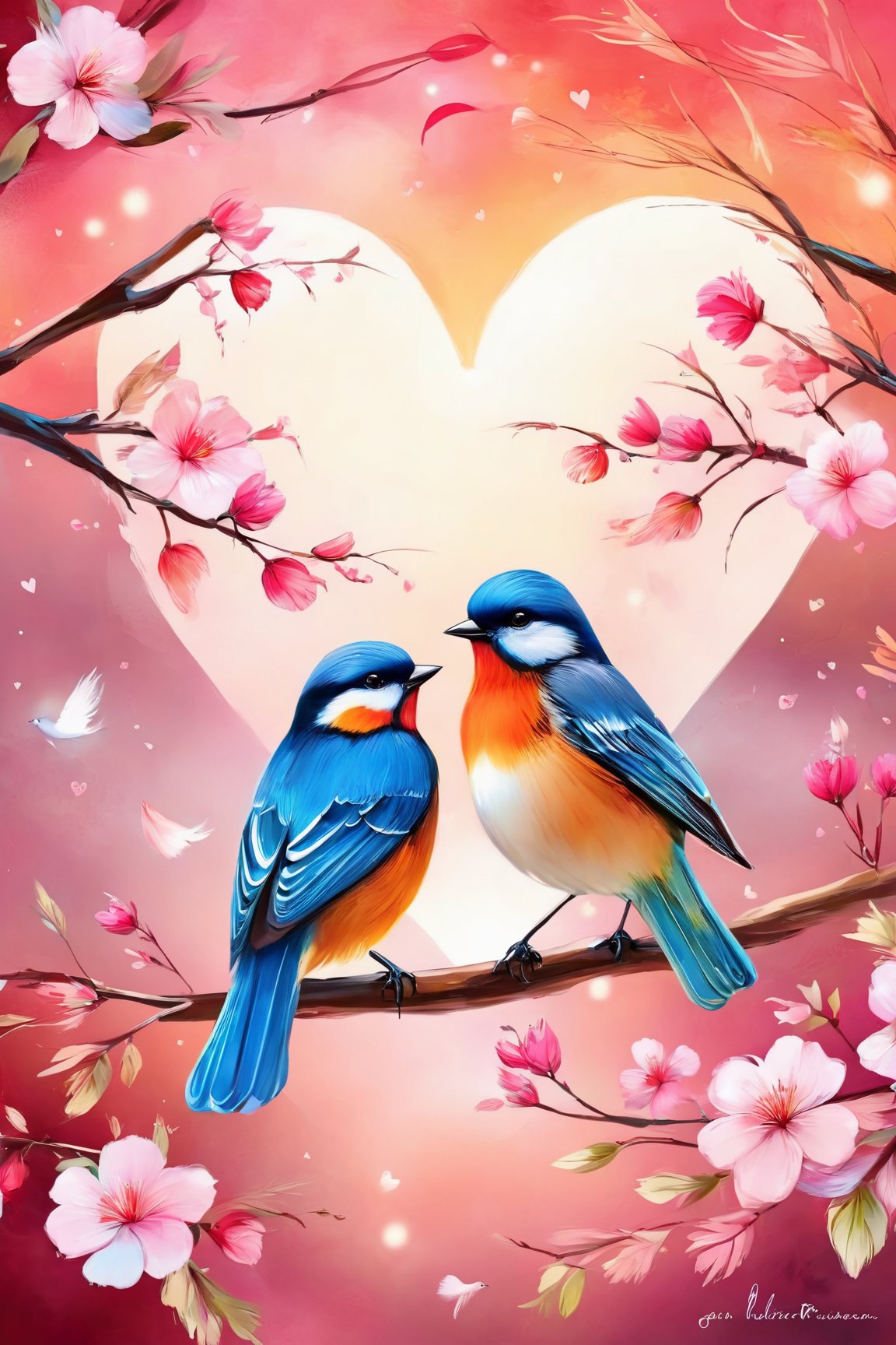  AiArtV,valentines day,(highres,masterpiece:1.2), romantic Valentine's Day scene, two beautiful birds, vibrant colors, fine brush strokes, detailed feathers, lovely setting, soft lighting, dreamy atmosphere, heart-shaped decorations, blossoming flowers, love in the air, tender moment, delicate branches, subtle textures, artistic composition, charming background, graceful movement, intertwined wings, deep connection, eternal love, whimsical touch, magical ambiance, sweet melodies, enchanting love story, captivating energy, joyful celebration, everlasting bond, fluttering hearts, serenade of love, cherished memories, pure affection, passionate embrace, radiant happiness, heartwarming connection, timeless beauty, mesmerizing artistry, celestial love, infinite possibilities, divine romance, enchanting melodies, eternal promise.