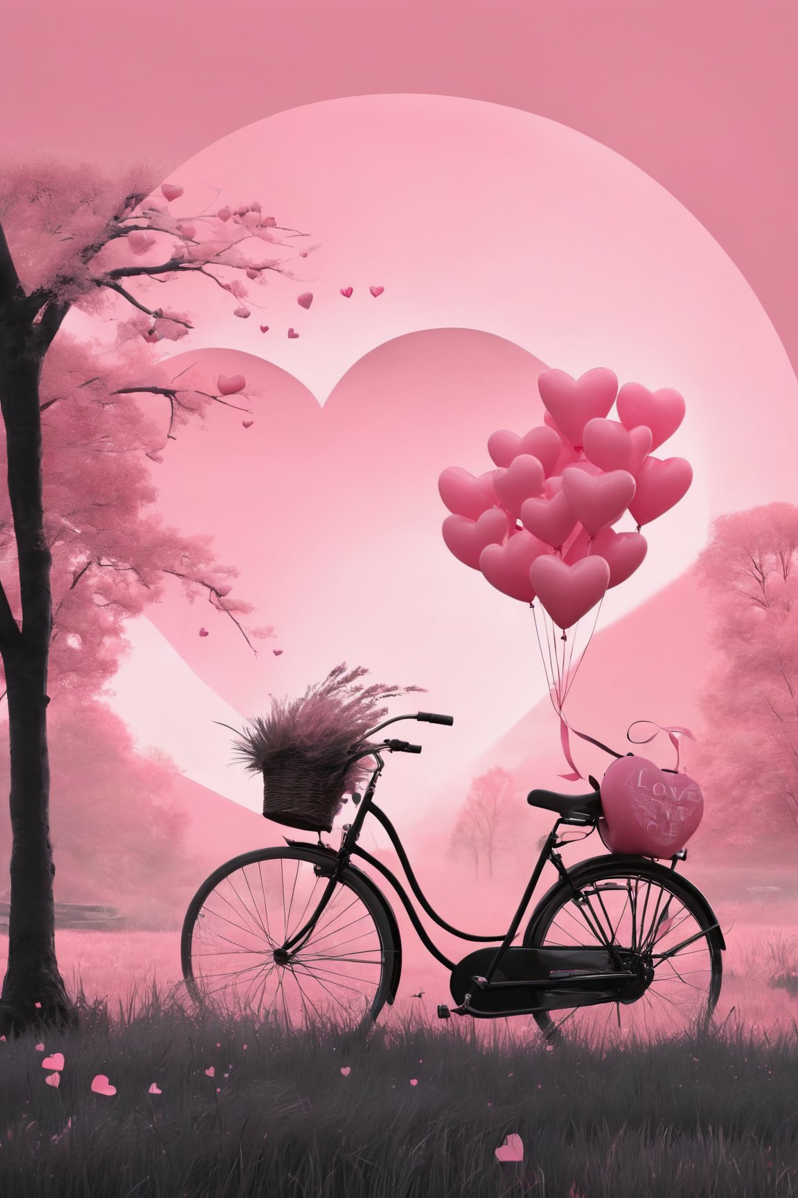 (best quality,8K,highres,masterpiece), ultra-detailed, featuring a Valentine's Day inspired scene with a solo girl standing beside a bicycle. The composition is rendered in a monochrome palette with shades of pink, emphasizing a romantic and serene atmosphere. The girl, with long hair flowing in the breeze, holds a heart-shaped balloon, adding a whimsical and loving touch to the scene. The grass underfoot and the silhouette of the ground vehicle, a vintage-style bicycle, enhance the feeling of a peaceful, idyllic moment captured in time. The entire scene is bathed in a soft, pink hue, creating a cohesive and charming Valentine's theme that evokes feelings of love, nostalgia, and tranquility.