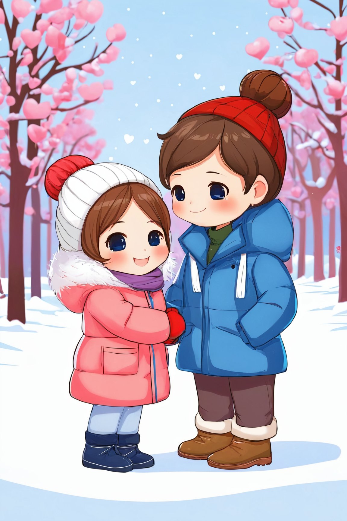 AiArtV,Valentines Day, 1girl,smile,short hair,simple background,brown hair,1boy,white background,closed mouth,standing,hetero,pants,hood,hair bun,chibi,looking at another,coat,brown footwear,blush stickers,single hair bun,snow,blue pants,winter clothes,earmuffs,face-to-face,blue coat,hooded coat