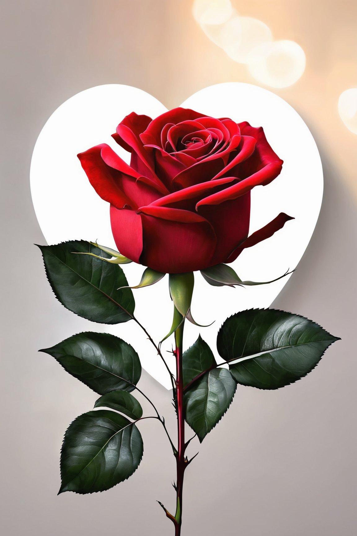(best quality,8K,highres,masterpiece), ultra-detailed, capturing the essence of Valentine's Day through the symbolism of a single red rose. This artwork focuses on the beauty and complexity of love, represented by the vivid red flower, its delicate petals unfurling around a heart shape. The rose, set against a minimalist backdrop, stands out with its rich color and intricate details, from the soft texture of its petals to the sharp contrast of its thorns, symbolizing the beauty and challenges of love. The plant is not just a flower but a powerful emblem of passion and romance, making it a perfect tribute to Valentine's Day without the need for human figures, emphasizing the universal language of flowers in expressing deep emotions.