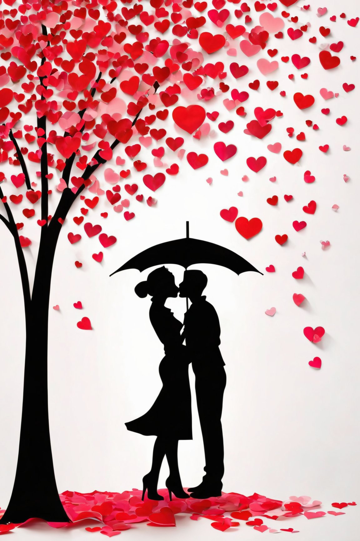 (best quality, 8K, highres, masterpiece), ultra-detailed, AiArtV Valentine's Day theme featuring 1 girl and 1 boy. The composition is set against a stark white background, emphasizing the simplicity and purity of the scene. Central to the image is a heart shape, creatively formed by the shadows of the two figures under an umbrella, suggesting a moment of intimacy and connection. The figures themselves are presented as silhouettes, capturing the universal language of love through their posture and the imminent kiss, symbolizing a timeless moment of romance. The use of yuri elements adds a layer of depth and diversity, celebrating love in its many forms. This artwork aims to convey the essence of Valentine's Day—love, connection, and the beauty of shared moments