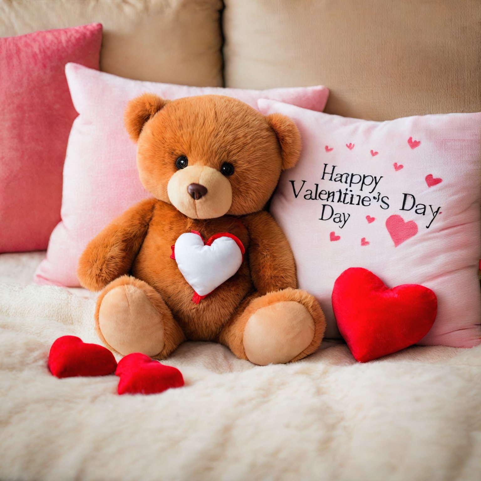 AiArtV,Valentines Day, solo,looking at viewer,heart,blurry,english text,no humans,stuffed toy,stuffed animal,teddy bear,heart pillow