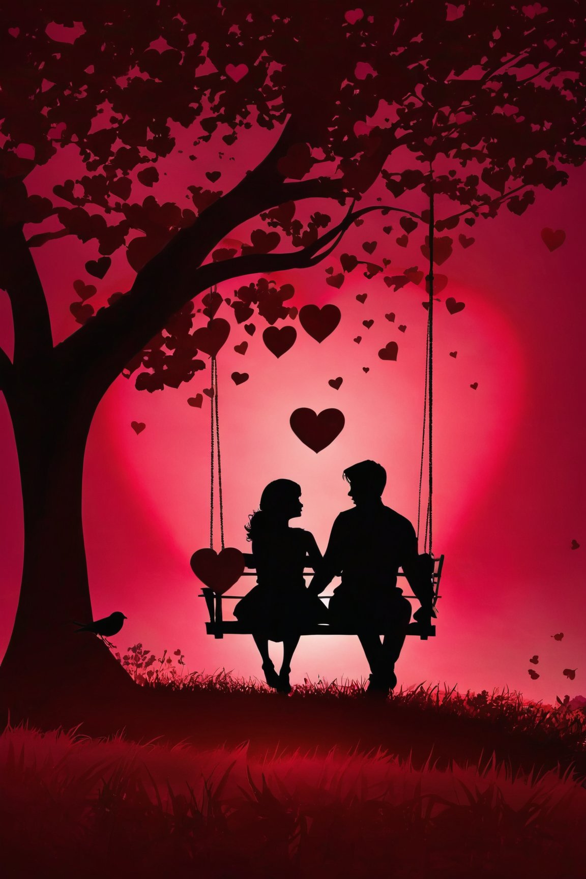 AiArtV, Valentines Day, 1girl, 1boy, sitting, flower, hetero, heart, tree, chair, grass, couple, silhouette, swing