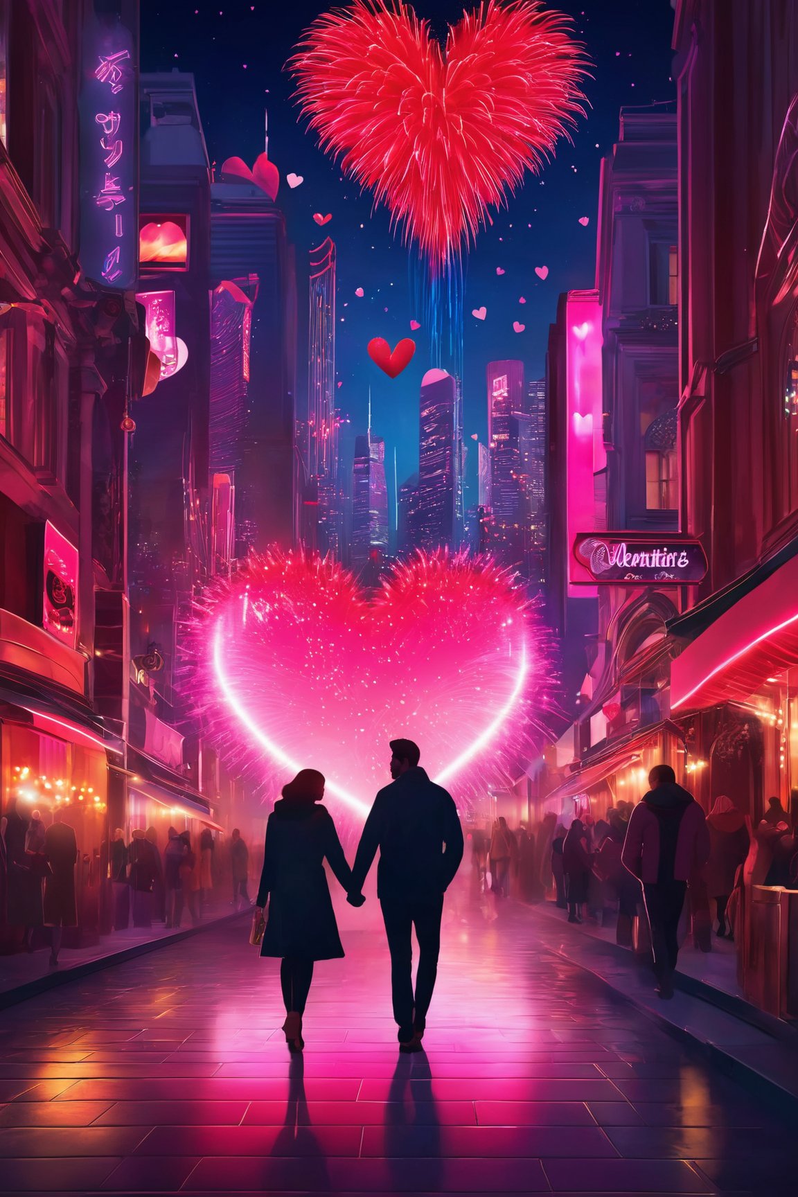 (best quality,8K,highres,masterpiece), ultra-detailed, Valentine's theme set in a vibrant cityscape. The artwork captures the essence of love and romance as the city comes alive under the soft glow of streetlights and decorated storefronts. Heart-shaped neon signs, streets adorned with red and pink lights, and couples walking hand in hand add to the festive atmosphere. The skyline is lit with fireworks in heart shapes, reflecting off the buildings' glass facades, creating a mesmerizing display of light and color. This cityscape portrays a magical Valentine's night, where the urban environment embraces the spirit of love, offering a picturesque setting for romantic adventures.