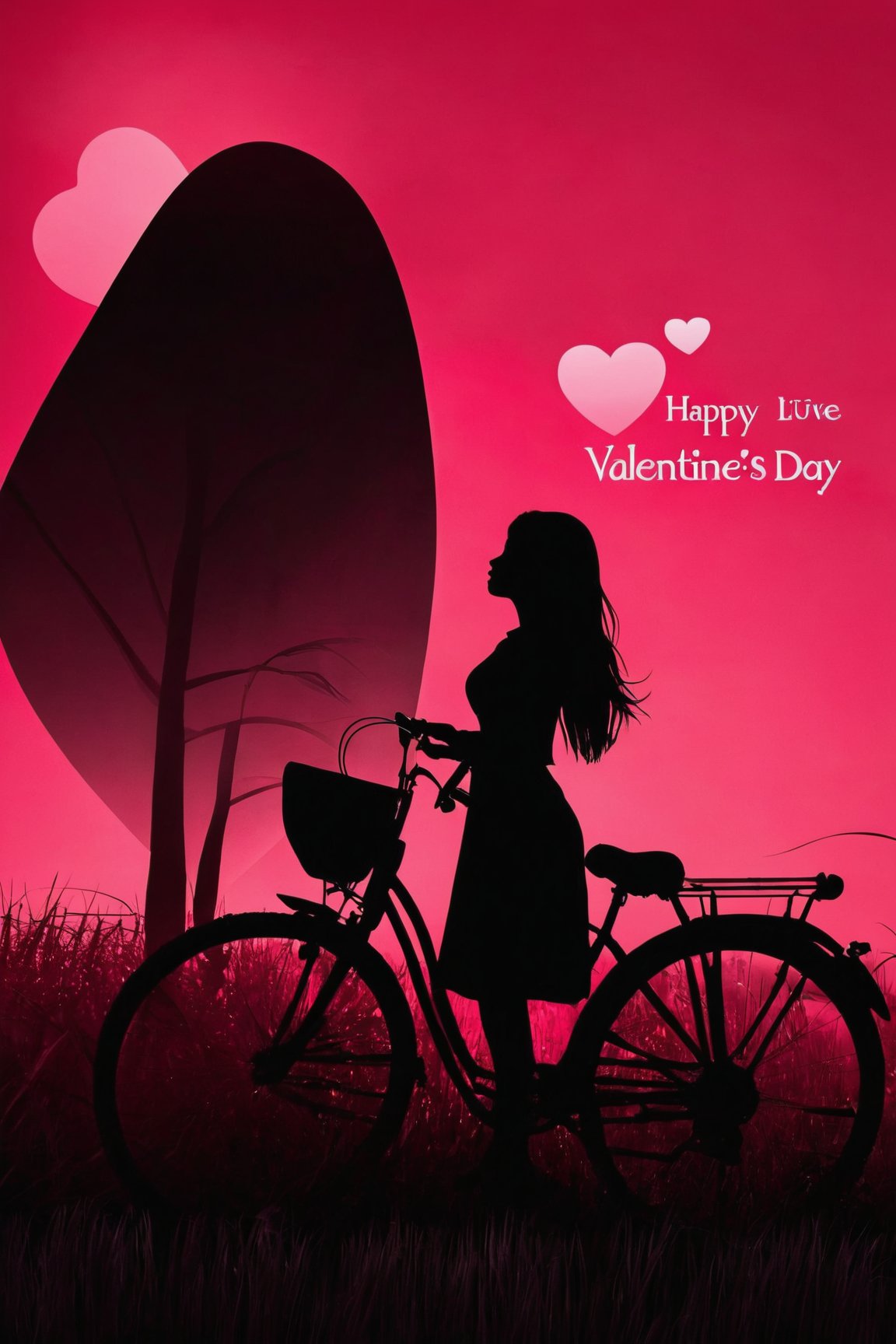 AiArtV, Valentines Day, 1girl, solo, long hair, standing, monochrome, heart, grass, ground vehicle, silhouette, pink theme, bicycle
