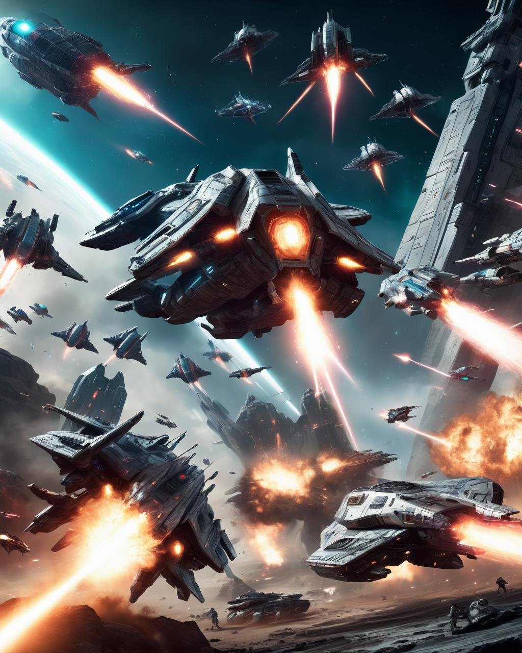 -A thrilling sci-fi battle scene featuring futuristic spaceships, laser weapons, and a sprawling intergalactic battlefield. Highly-detailed textures and lighting bring the action to life, while realistic physics and a sense of scale add depth and realism.