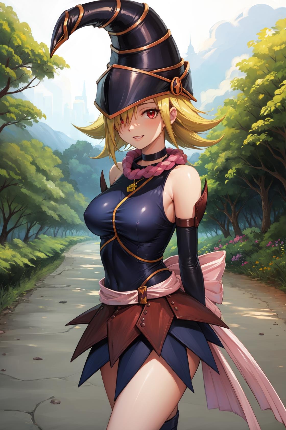 masterpiece, best quality, highres,GagaDef, 1girl, solo, short hair, blonde hair, red eyes, hair over one eye,breasts, large breasts, hat, bare shoulders, medium breasts, boots, detached sleeves, choker, blue footwear, duel monster, charm (object), wizard hat, skirt, gagaga girl,cowboy shot, arms behind back, looking at viewer, forest, sunlight, cloudy, laughing, <lora:Gagaga:1>