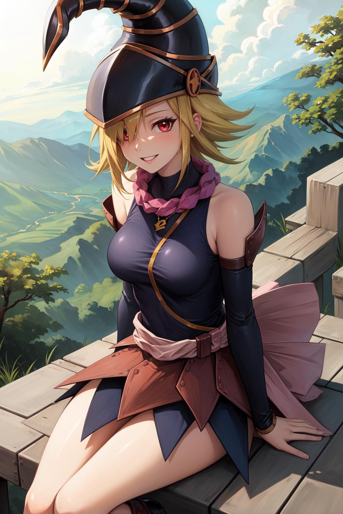 masterpiece, best quality, highres,GagaDef, 1girl, solo, short hair, blonde hair, red eyes, hair over one eye,breasts, large breasts, hat, bare shoulders, medium breasts, boots, detached sleeves, choker, blue footwear, duel monster, charm (object), wizard hat, skirt, gagaga girl,sitting, cowboy shot, leaning back, arm support, looking at viewer, forest, sunlight, cloudy, laughing, <lora:Gagaga:1>