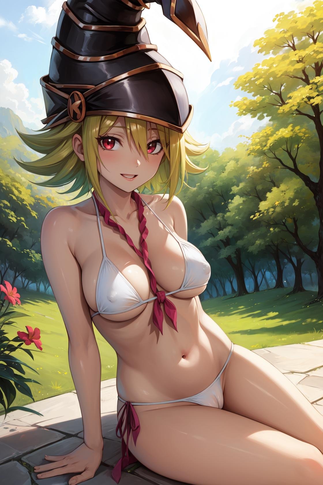 masterpiece, best quality, highres,GagaDef, 1girl, solo, short hair, blonde hair, red eyes, hair over one eye, curly hair, hat, duel monster, wizard hat, gagaga girl,bikini, side-tie bikini bottom, bikini top only, white bikini, cameltoe, covered nipples, collarbone, sitting, cowboy shot, leaning back, arm support, looking at viewer, forest, sunlight, cloudy, laughing, <lora:Gagaga:1>