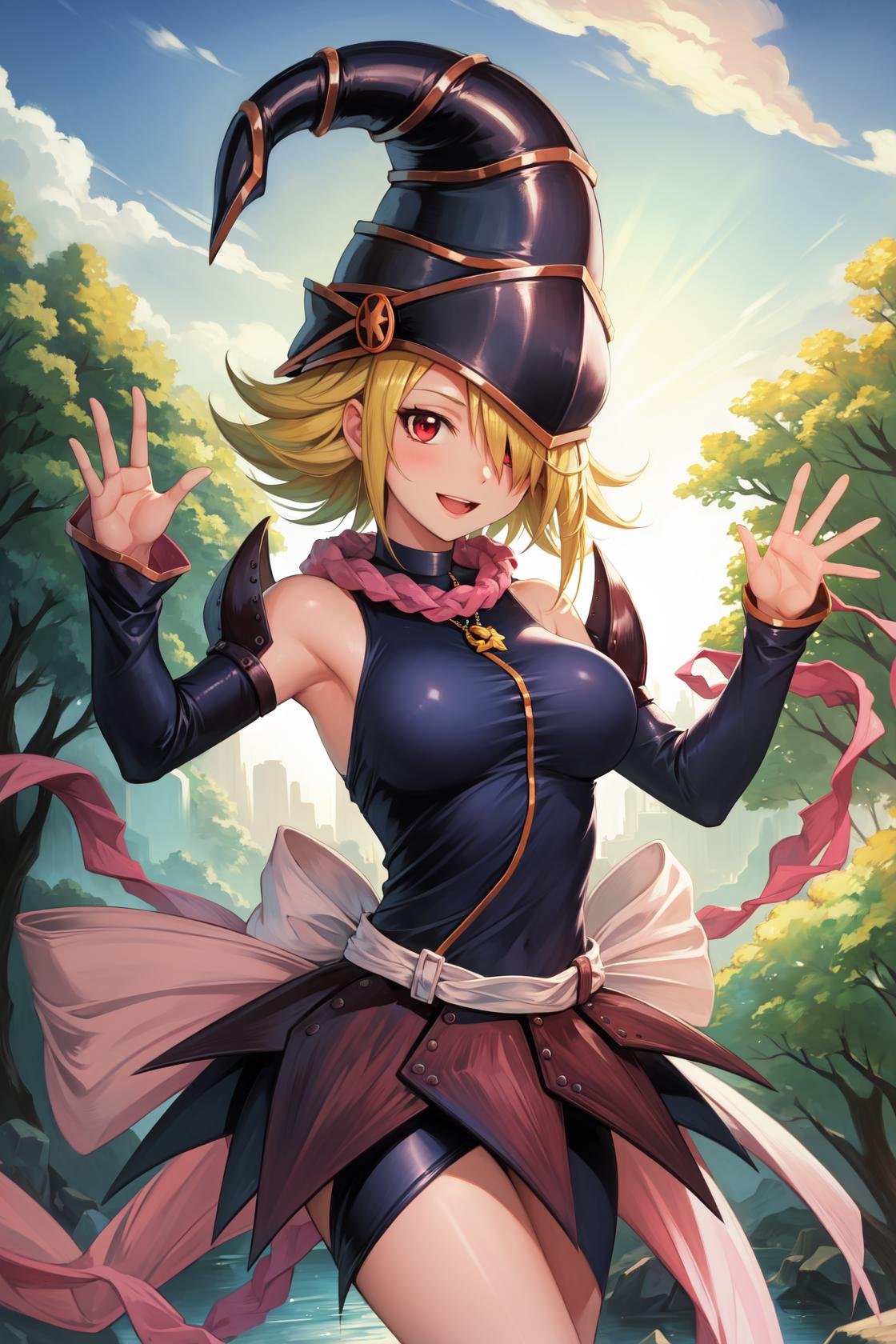 masterpiece, best quality, highres,GagaDef, 1girl, solo, short hair, blonde hair, red eyes, hair over one eye,breasts, large breasts, hat, bare shoulders, medium breasts, boots, detached sleeves, choker, blue footwear, duel monster, charm (object), wizard hat, gagaga girl,cowboy shot, waving, waving arms, looking at viewer, forest, sunlight, cloudy, laughing, <lora:Gagaga:1>