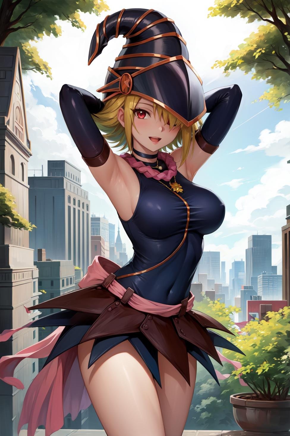 masterpiece, best quality, highres,GagaDef, 1girl, solo, short hair, blonde hair, red eyes, hair over one eye,breasts, large breasts, hat, bare shoulders, medium breasts, boots, detached sleeves, choker, blue footwear, duel monster, charm (object), wizard hat, skirt, gagaga girl,cowboy shot, arms behind head, arms up, armpits, armpit crease, looking at viewer, forest, sunlight, cloudy, laughing, <lora:Gagaga:1>