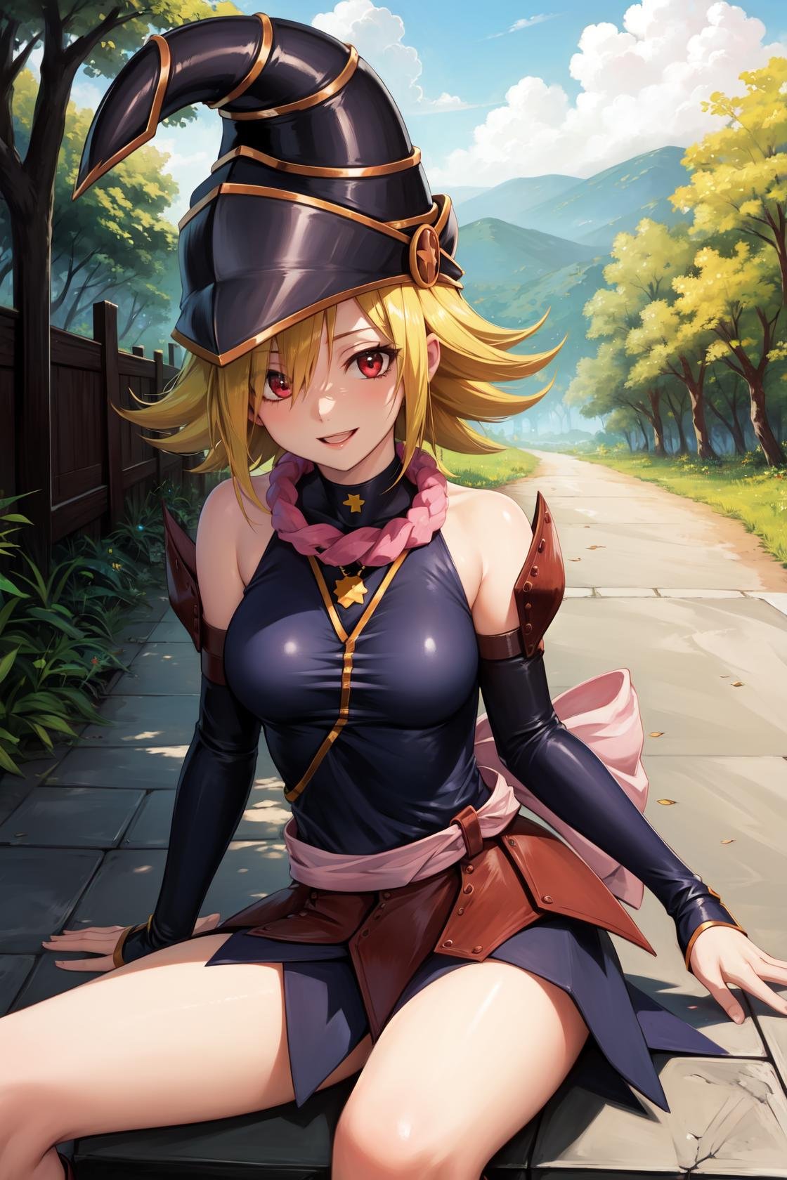 masterpiece, best quality, highres,GagaDef, 1girl, solo, short hair, blonde hair, red eyes, hair over one eye,breasts, large breasts, hat, bare shoulders, medium breasts, boots, detached sleeves, choker, blue footwear, duel monster, charm (object), wizard hat, skirt, gagaga girl,sitting, cowboy shot, leaning back, arm support, looking at viewer, forest, sunlight, cloudy, laughing, <lora:Gagaga:1>