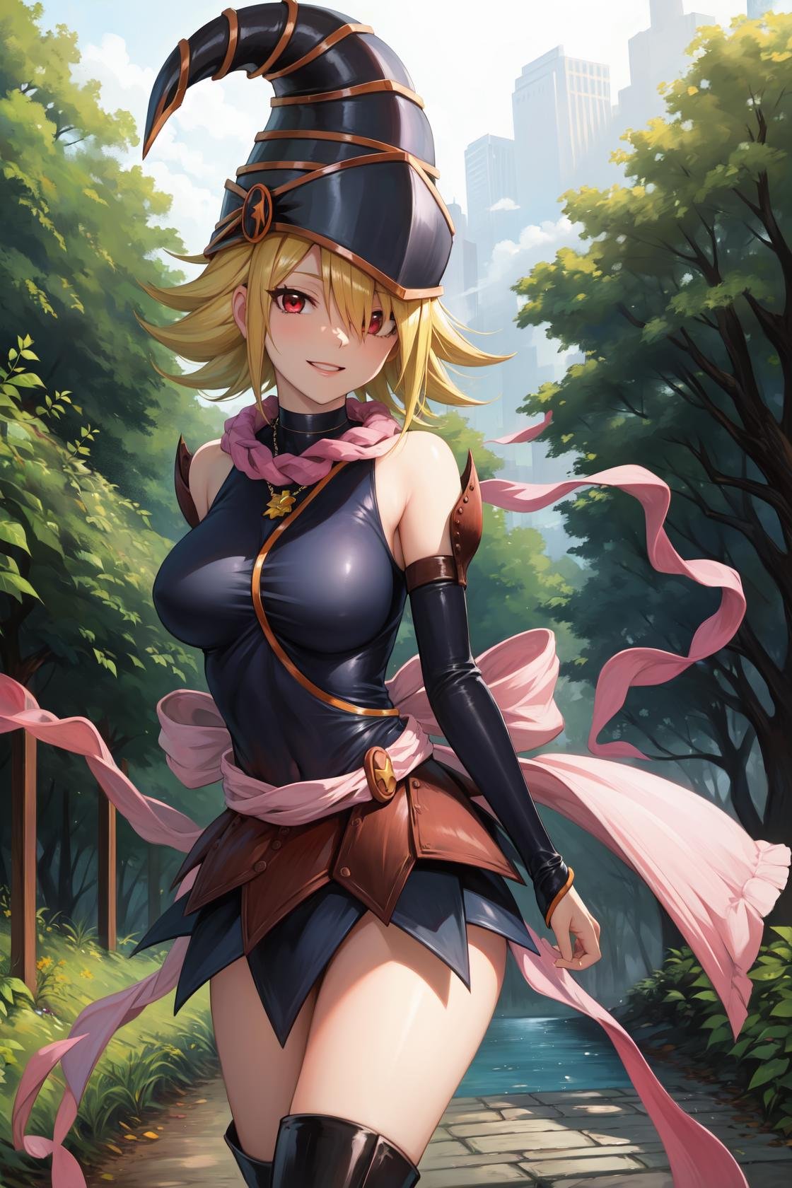 masterpiece, best quality, highres,GagaDef, 1girl, solo, short hair, blonde hair, red eyes, hair over one eye,breasts, large breasts, hat, bare shoulders, medium breasts, boots, detached sleeves, choker, blue footwear, duel monster, charm (object), wizard hat, skirt, gagaga girl,cowboy shot, arms behind back, looking at viewer, forest, sunlight, cloudy, laughing, <lora:Gagaga:1>