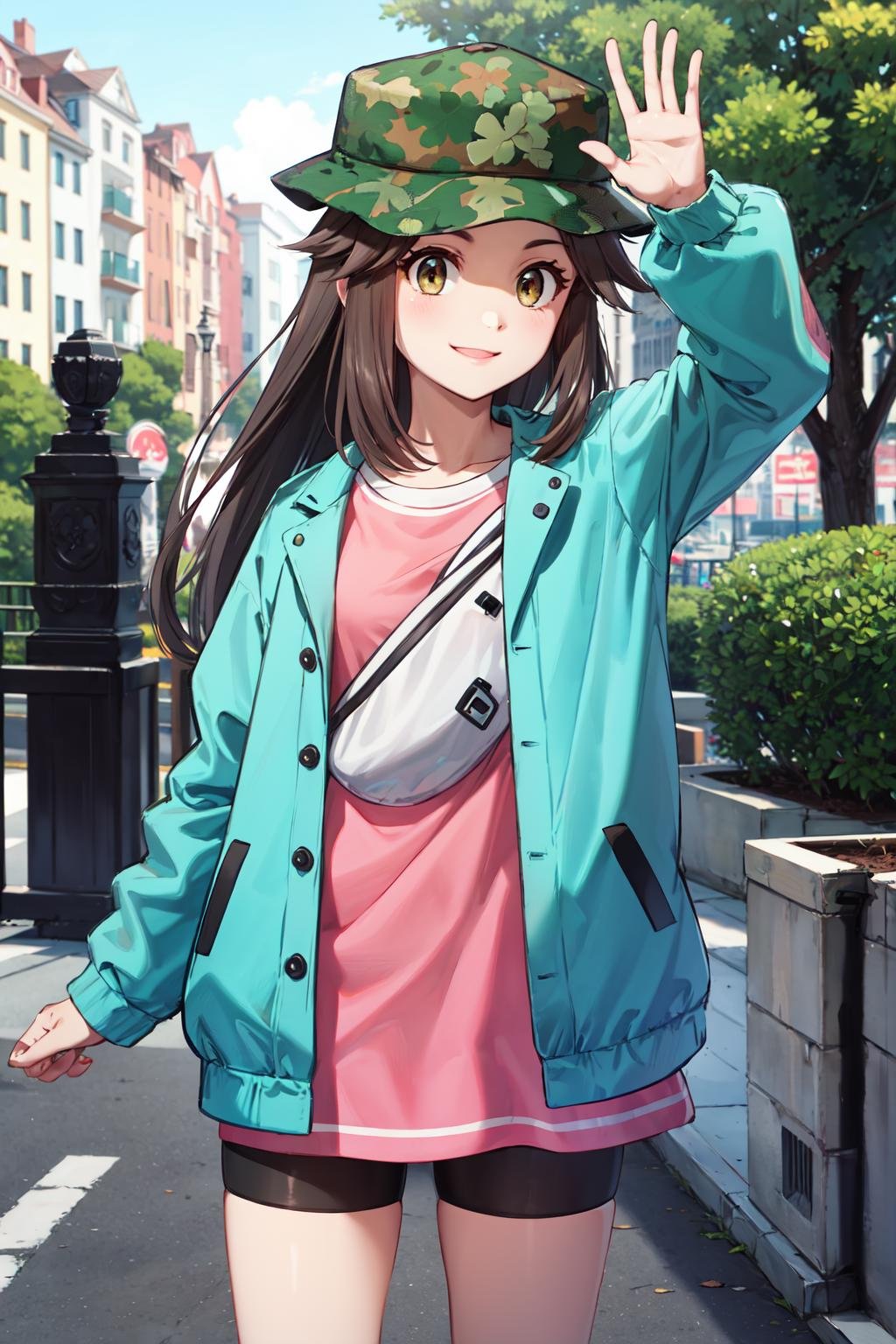 masterpiece,best quality,highres,ultra-detailed,bbleaf,hat,camouflage headwear,green headwear,long hair,sidelocks,eyelashes,open clothes,green jacket,buttons,long sleeves,pink shirt,shoulder bag,bike shorts,black shorts,shoes,black footwear,<lora:leaf_(pokemon):0.7>,outdoors,cowboy shot,smile,standing,waving,(arm_at_side:1.2),