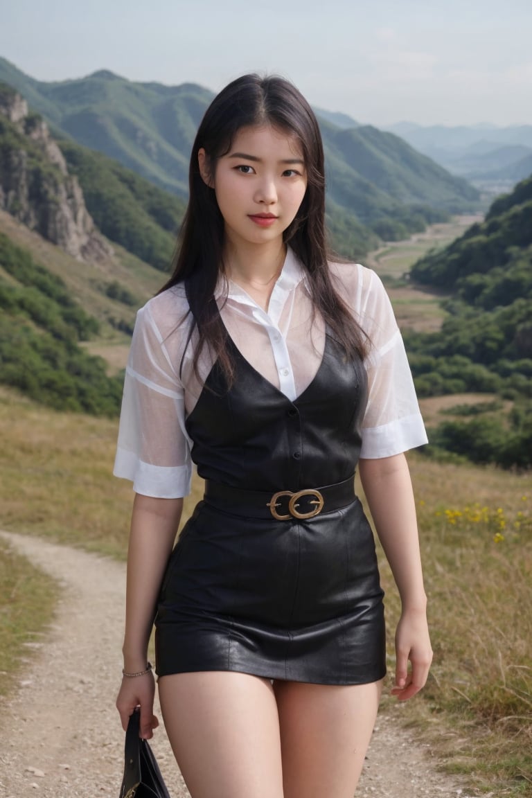 high quality, masterpiece, 8K Ultra HD, illustration of a beautiful 20 year old beautiful korean woman warrior, close up, focus on face, in a mountain range, black leather clothes with metal reinforcements of intrincate details, bare legs, Asiatic pretty face, 