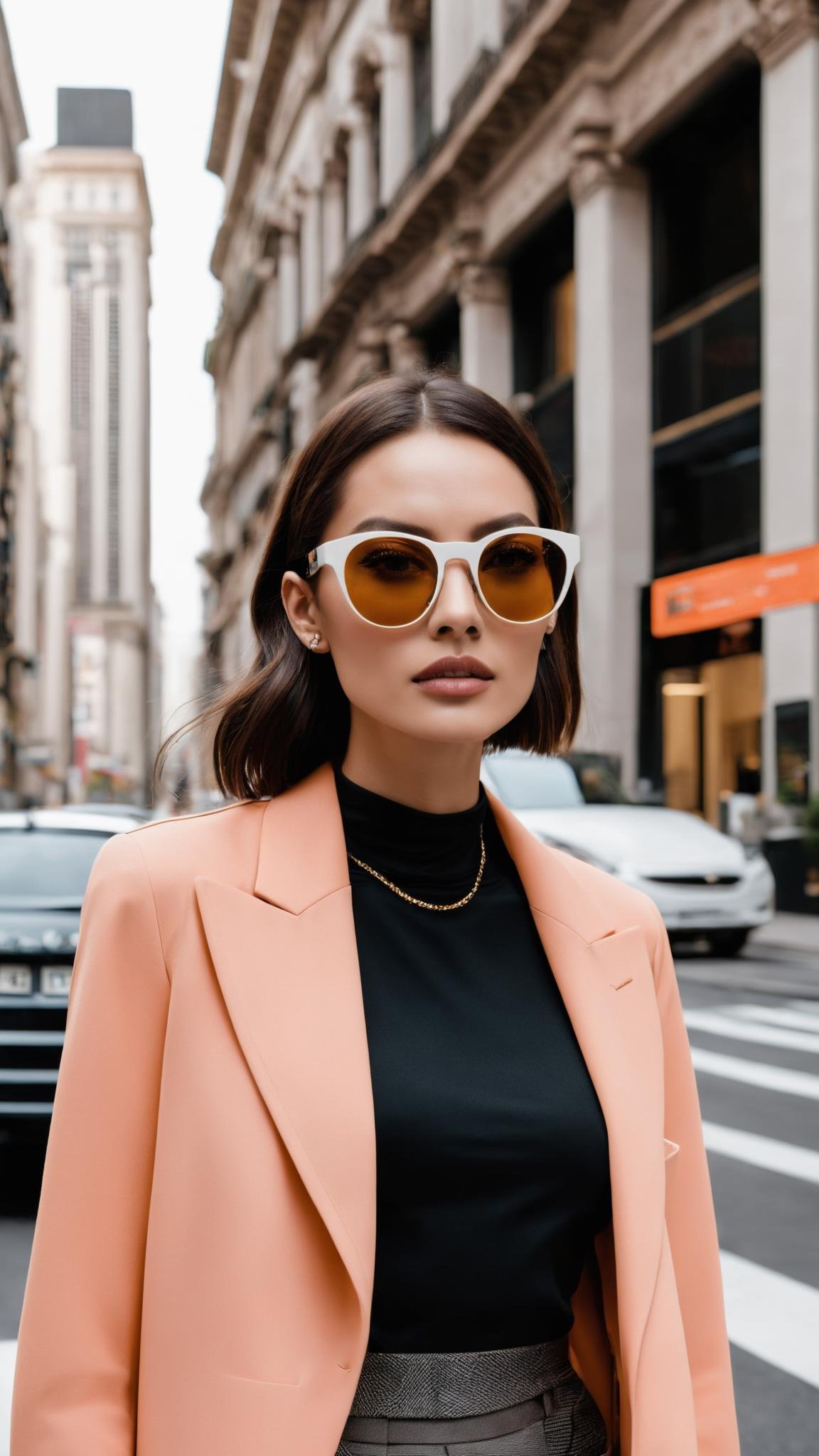 A stylish cityscape:1.2 with fashion-forward individuals wearing designer eyewear, a testament to the role eyeglasses play in elevating one's personal style in the urban landscape.